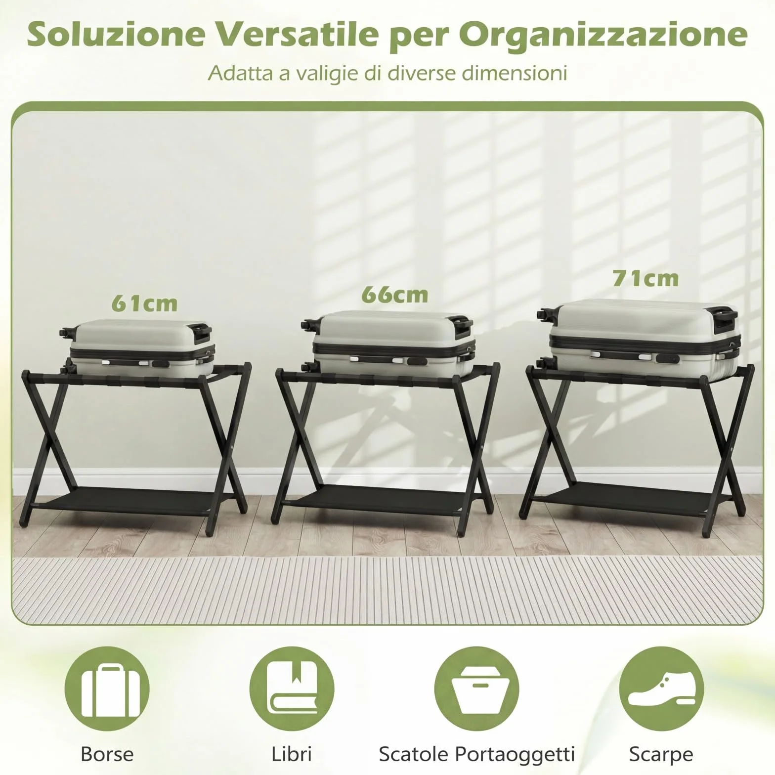 COSTWAY 2 Pz Portavaligia Pieghevole in Bamboo con Cinghie, Tessuto Oxford, Portata 65 kg, Nero