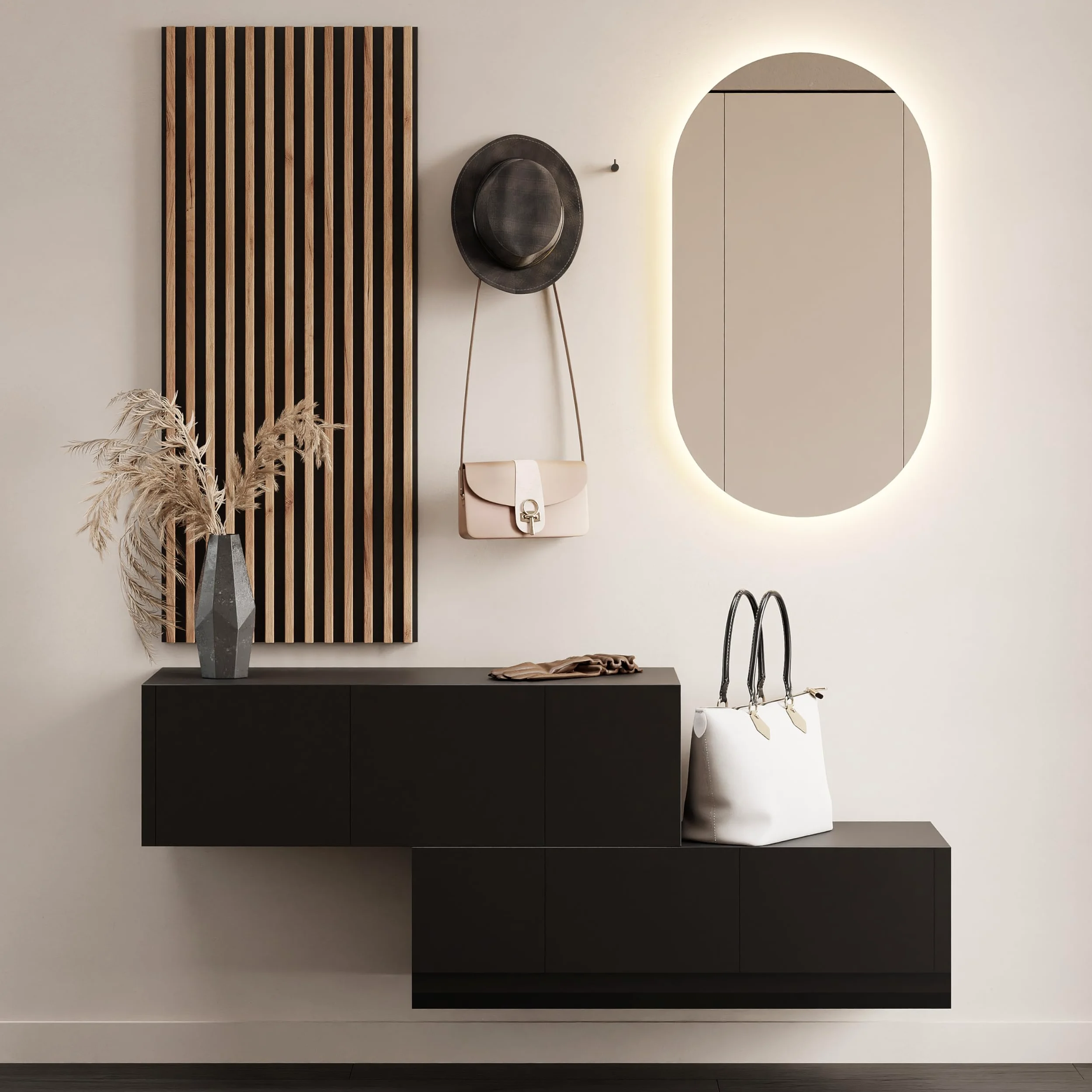 Planetmöbel - Mobile da ingresso, 2 x 100 cm, nero. pannello da parete 50 cm, rovere dorato/antracite, specchio da 50 cm (senza LED), 32,5 x 100 x 37,8 cm (A x L x P)