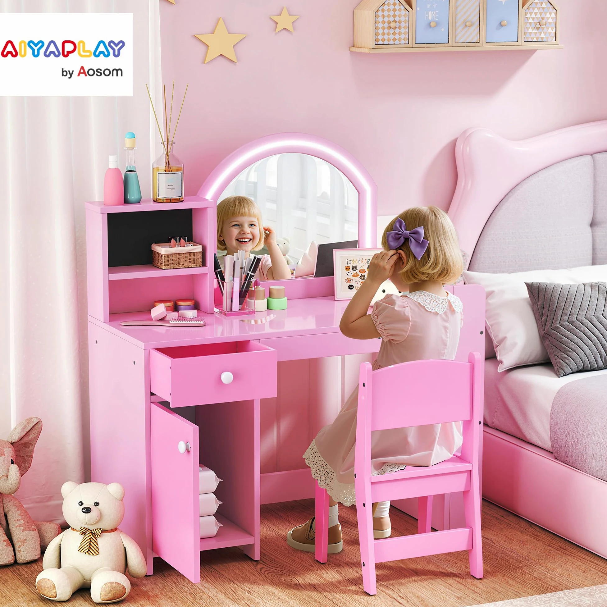 AIYAPLAY Set Toeletta Trucco per Bambini 3-8 Anni 2 in 1 con Specchio Illuminato e Sedia, Postazione Trucco in Legno con Luce LED a 2 Colori, Armadietto, Scaffali e Libreria, Rosa