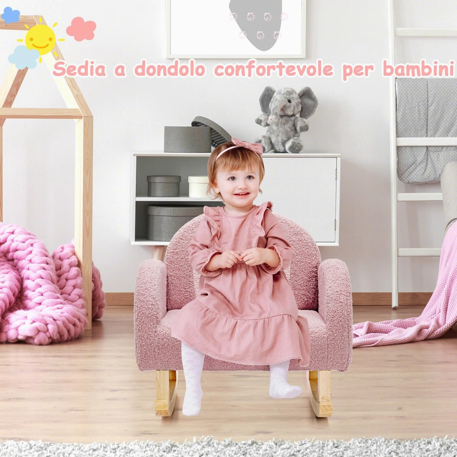 COSTWAY Sedia a Dondolo per Bambini con Gambe in Legno Massiccio, Poltrona a Dondolo per Bambini con Cuscinetti Antiscivolo, per Stanza dei Giochi, Camera da Letto, Scuola Materna (rosa)