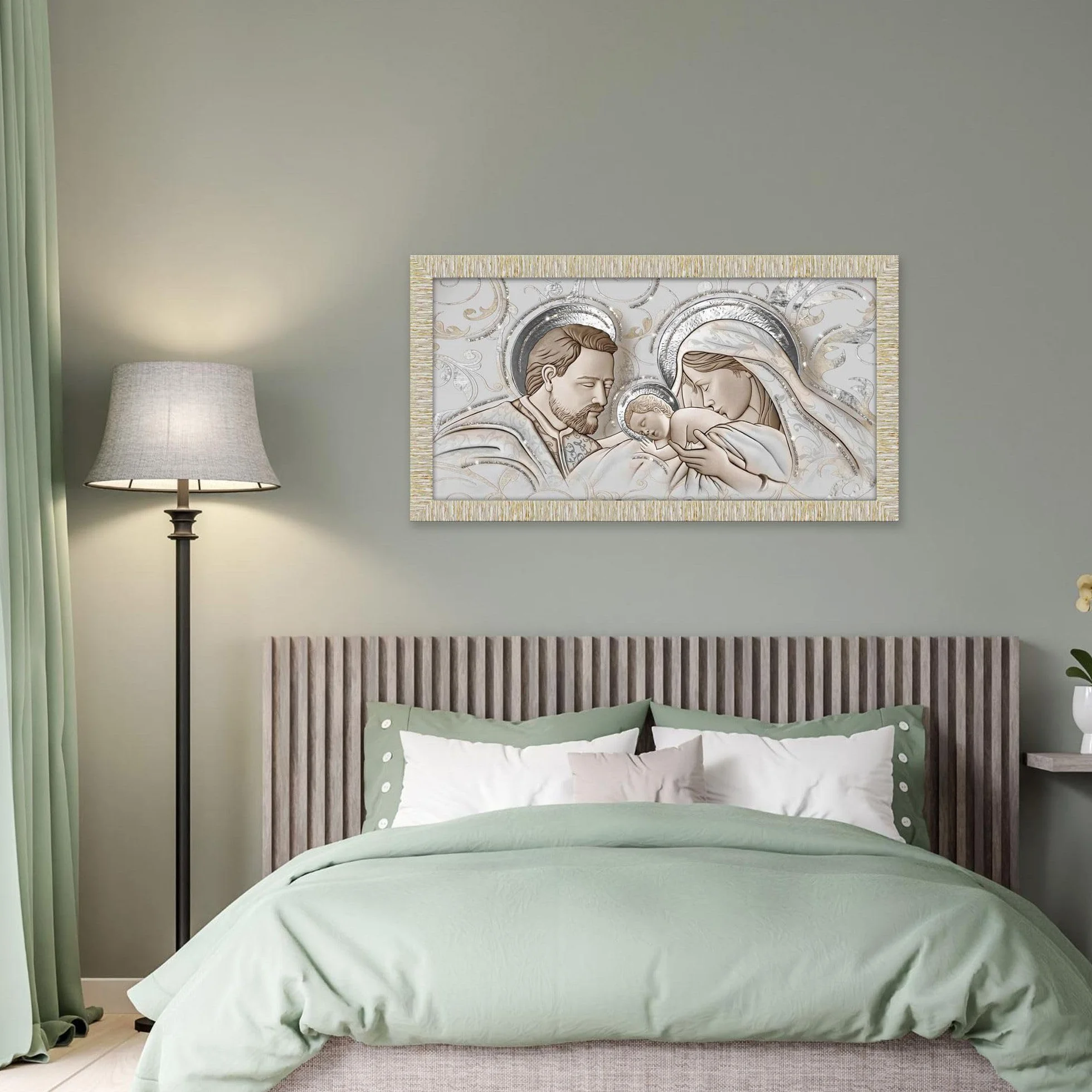 Quadro Moderno The Kiss Ceramic Mix Sacra Famiglia GIOVY Decorazione Glitter Cornice Legno Striata Oro 60x110 cm Stampa su Legno