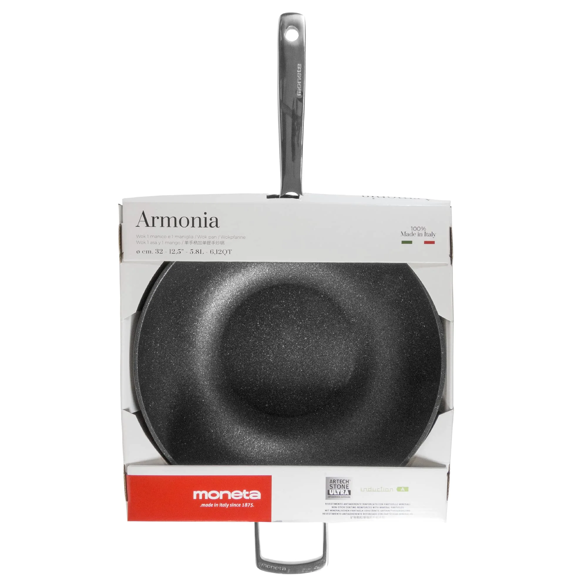 Moneta Armonia Wok 32 cm, 1 Manico + Maniglia per Ogni Tipo di Piano Cottura
