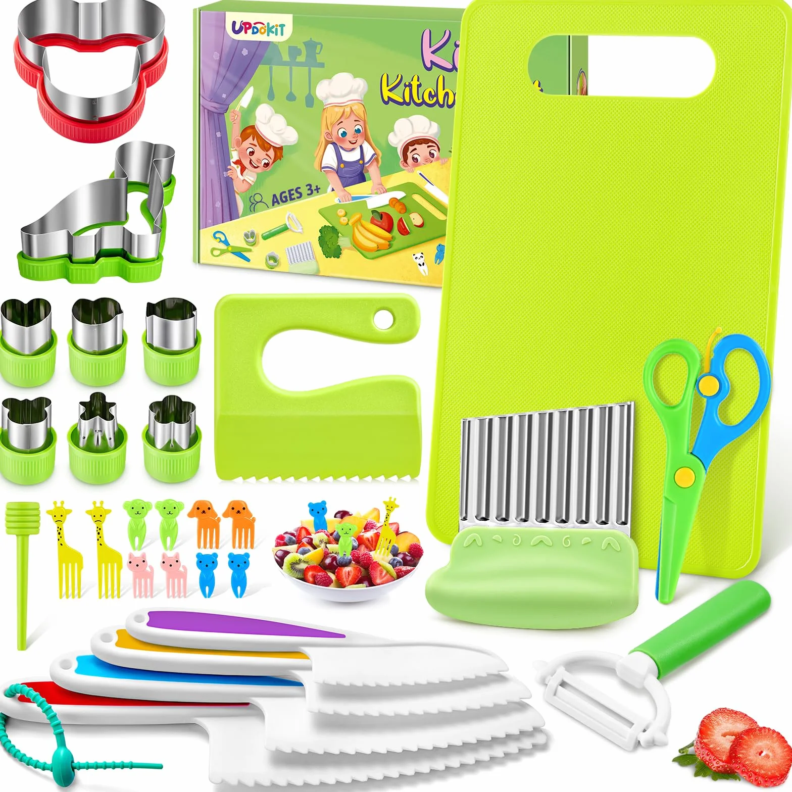 Set di coltelli per bambini, set di coltelli di sicurezza da cucina per bambini da 28 pezzi, set di coltelli per bambini con coltello per pomodori, taglierino, coltello di plastica, pelapatate