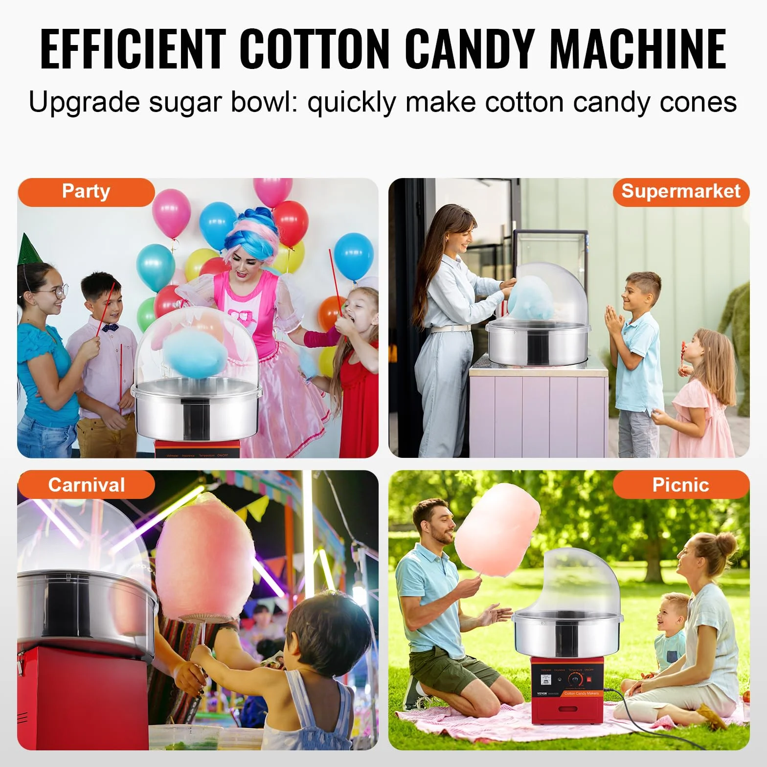VEVOR Macchina per Barba da Papà Elettrica 1000 W, Dispositivo per Barba da Papà Commerciale con Coperchio Rosso, Ciotola in Acciaio Inossidabile, Cucchiaio da Zucchero, Cassetto, per Fare Caramelle