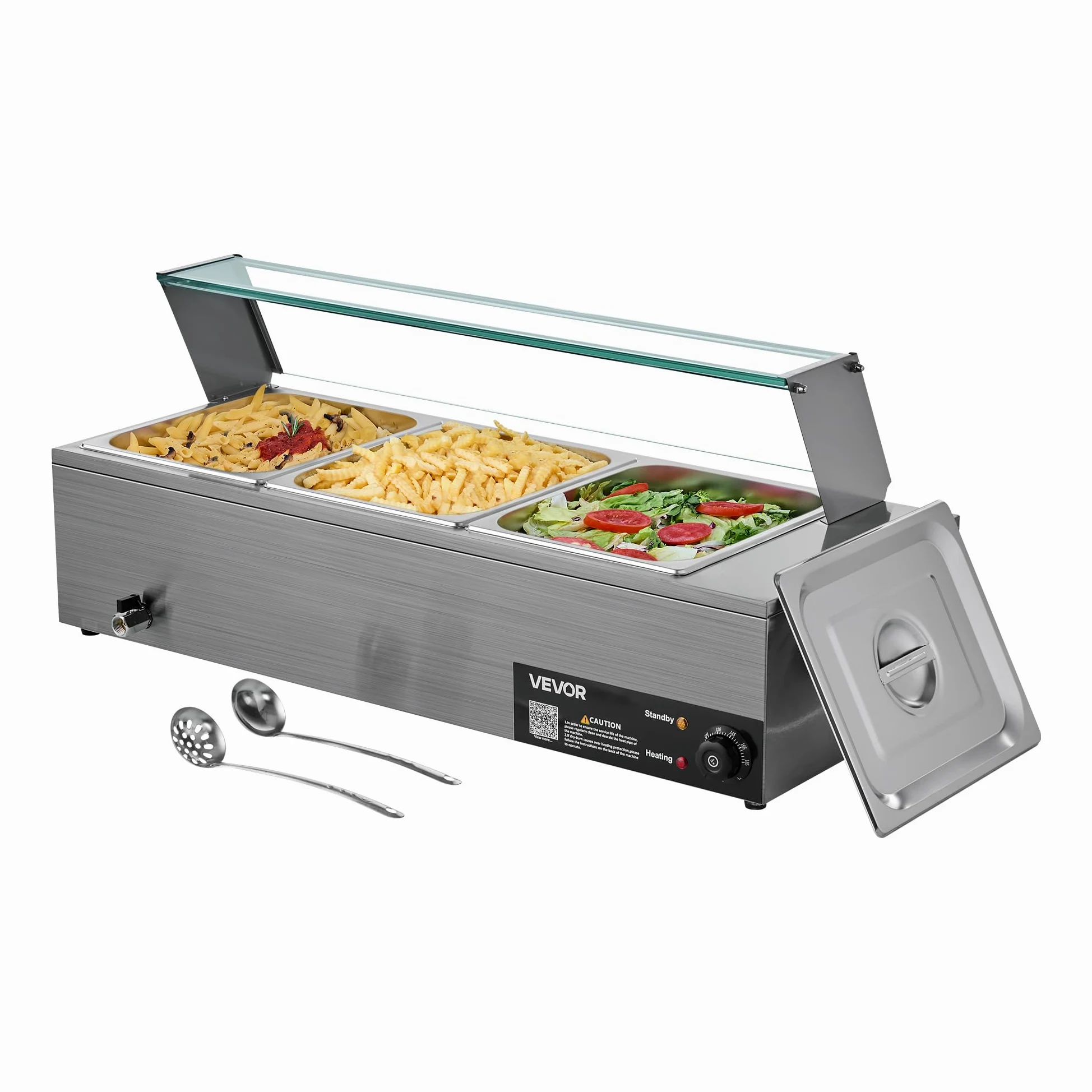 VEVOR Scaldavivande Commerciale Buffet 3 Contenitori da Dimensioni 1/2, Contenitore Scaldavivande Elettrico in Acciaio Inox da 1,5 kW con Coperchio in Vetro e Mestolo per Zuppa, per Catering, Feste