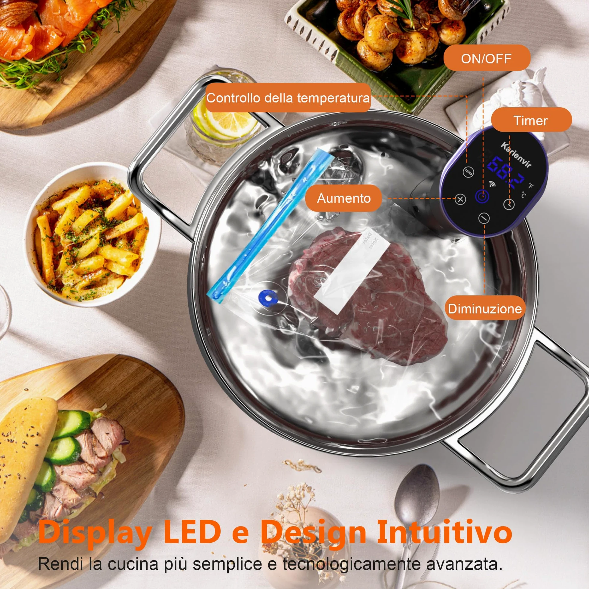 WiFi Sous Vide Roner 1100W, Wi-Fi Roner Cucina a Bassa Temperatura con Controllo APP e Controllo Accurato Della Temperatura, LED Display, Impermeabilità IPX7, 10℃-90℃