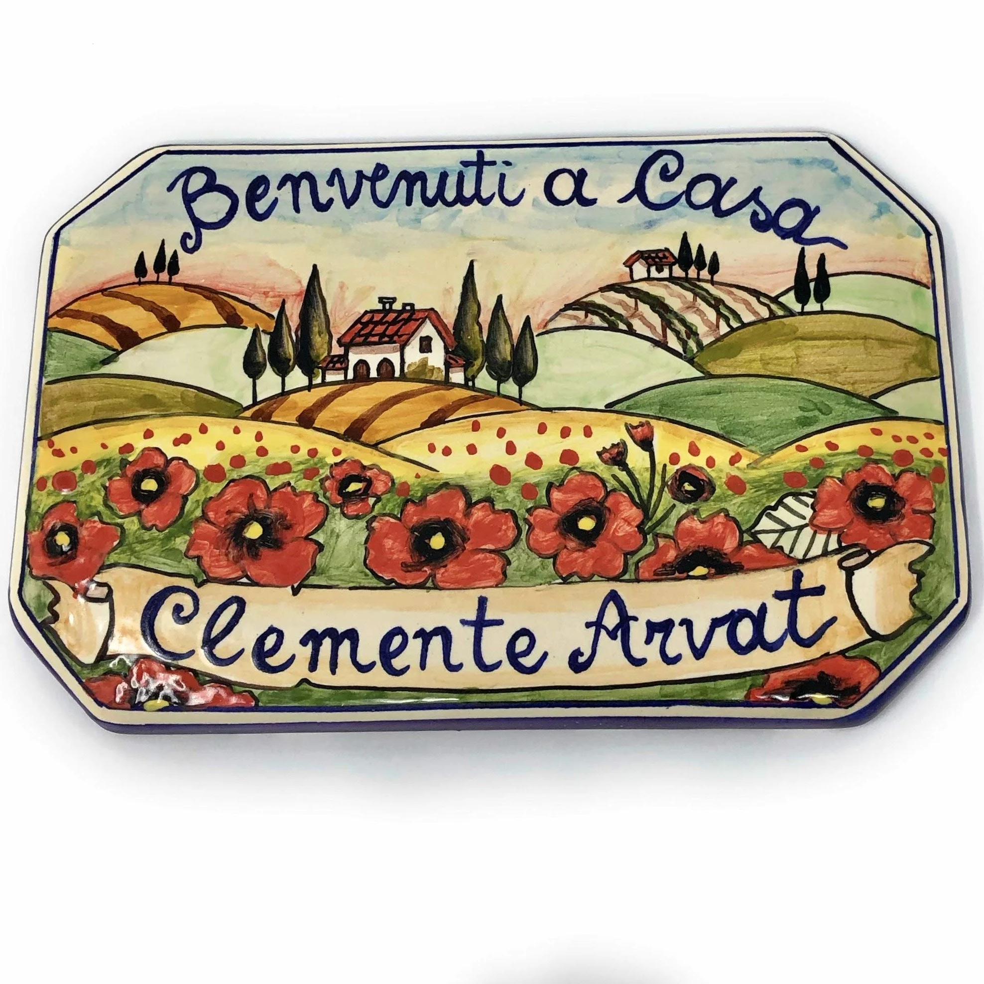 Ceramica italiana artistica numero civico 20x13 personalizzato decorazione paesaggio toscano fatta a mano