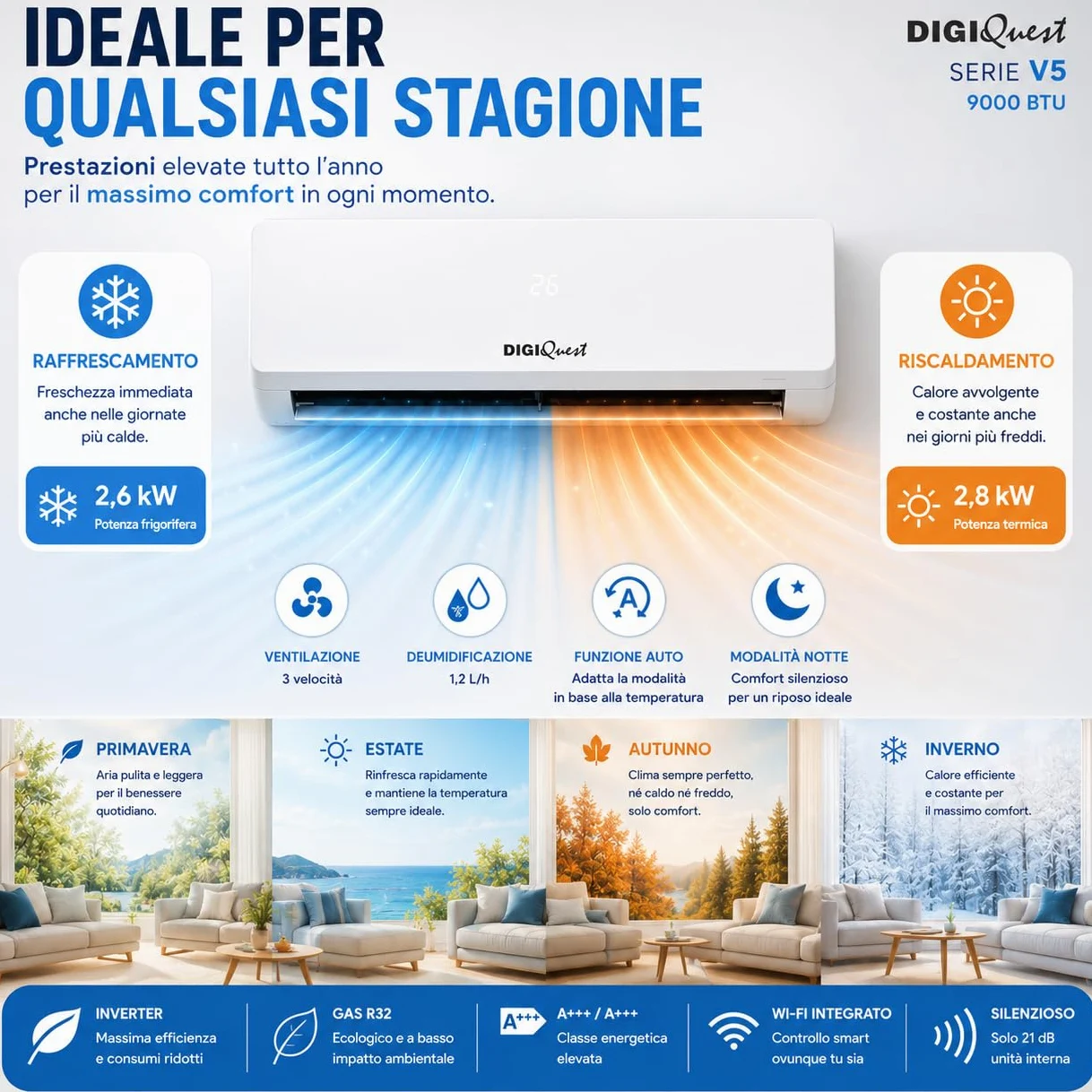 Climatizzatore Digiquest Inverter V5 9000BTU | Wi-Fi integrato | R32 | Classe A++ Raffreddamento/A+++ Riscaldamento | I FEEL | Flusso d'aria 3D | TURBO | Notte | SEER 6,1 |SCOP 5,1 | CLIMA00062