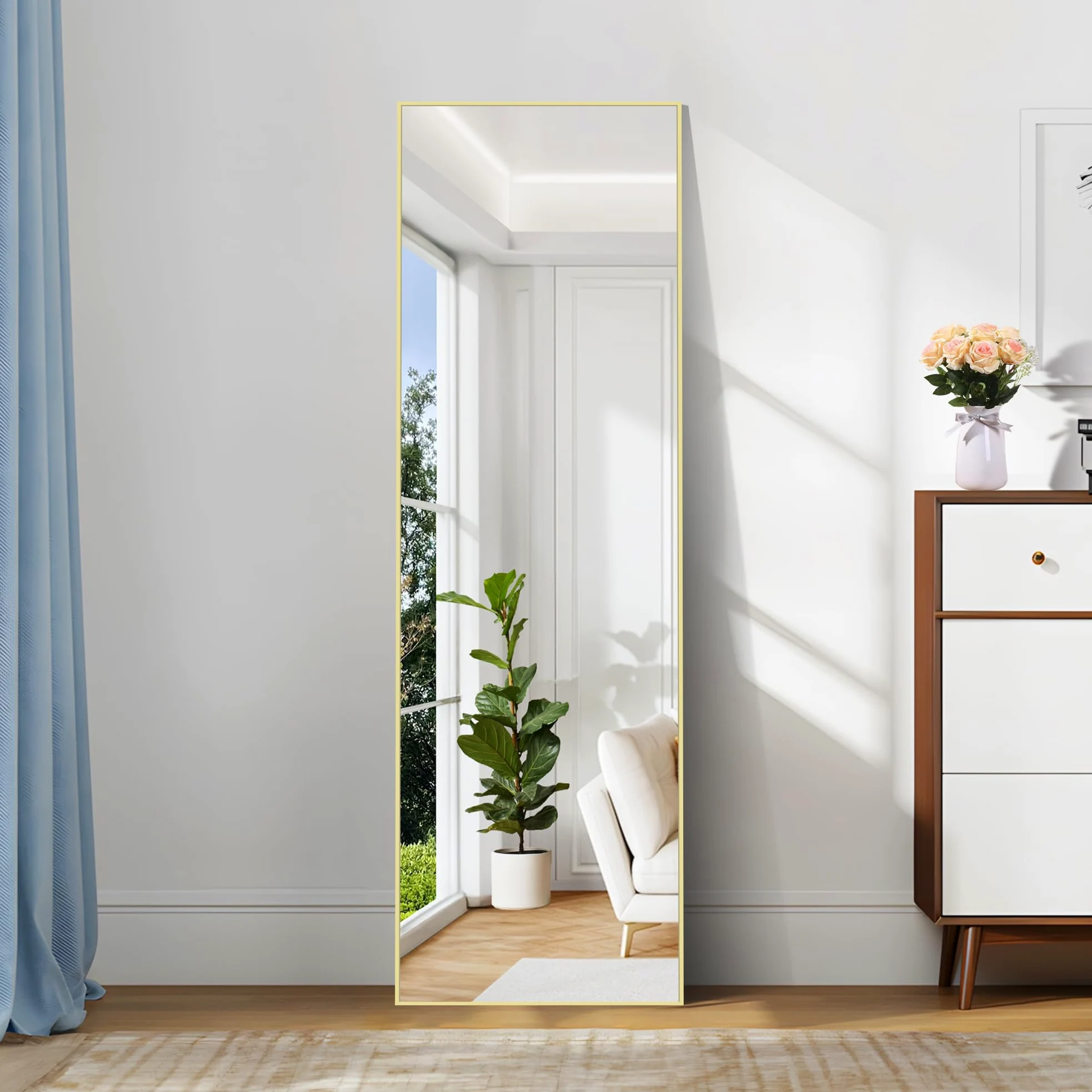 COFENY Specchio da Terra, 147 x 44 cm Specchio da Parete Grande con Cornice in Alluminio, Specchio da Terra da Appoggiare o Appendere per Soggiorno, Camera da letto, Soggiorno, Ingresso, Oro