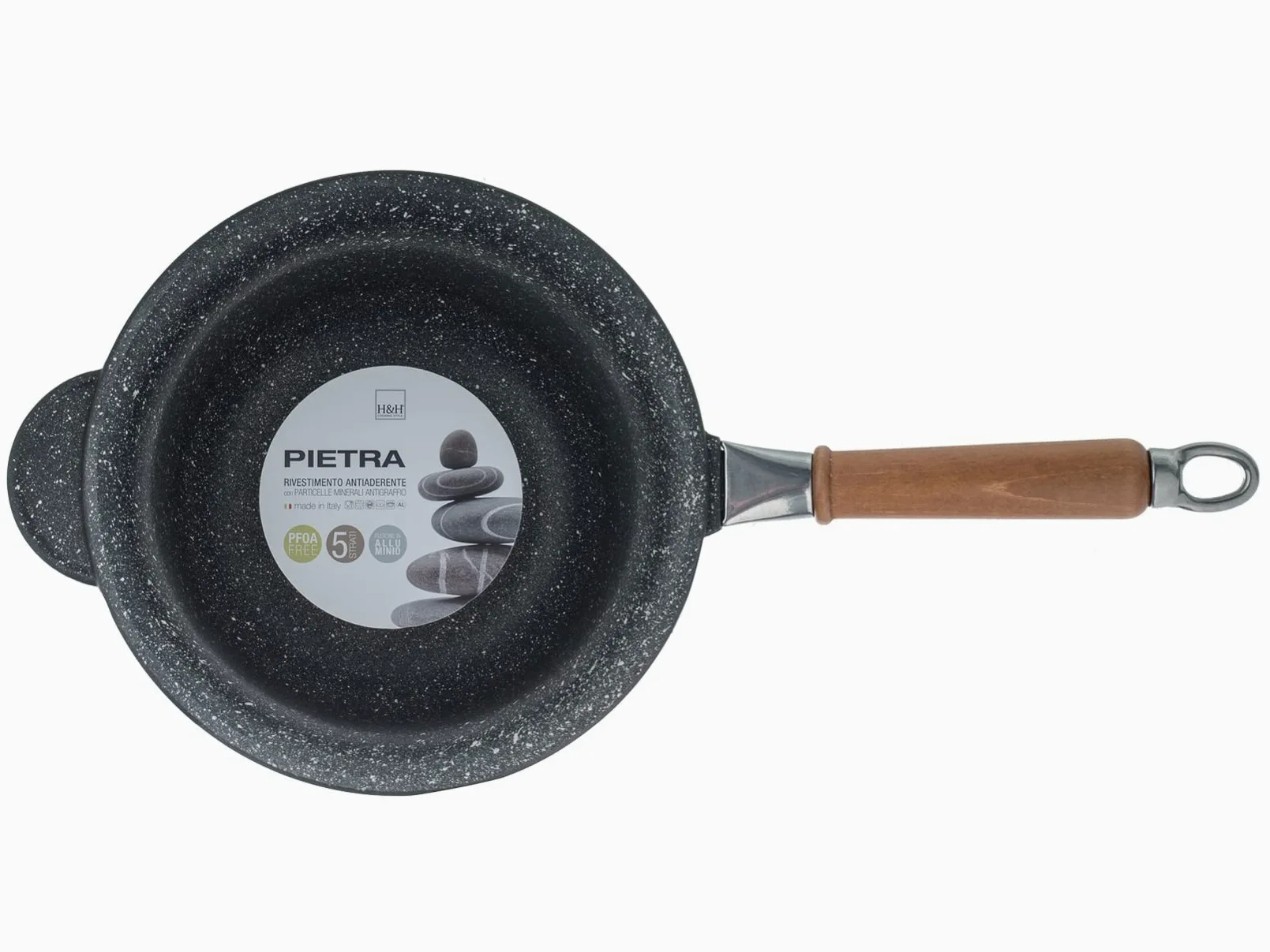H&H Paiolo Pietra, Alluminio Pressofuso, Rivestimento Antiaderente 5 strati PFOA free con manico in legno estraibile cm 22