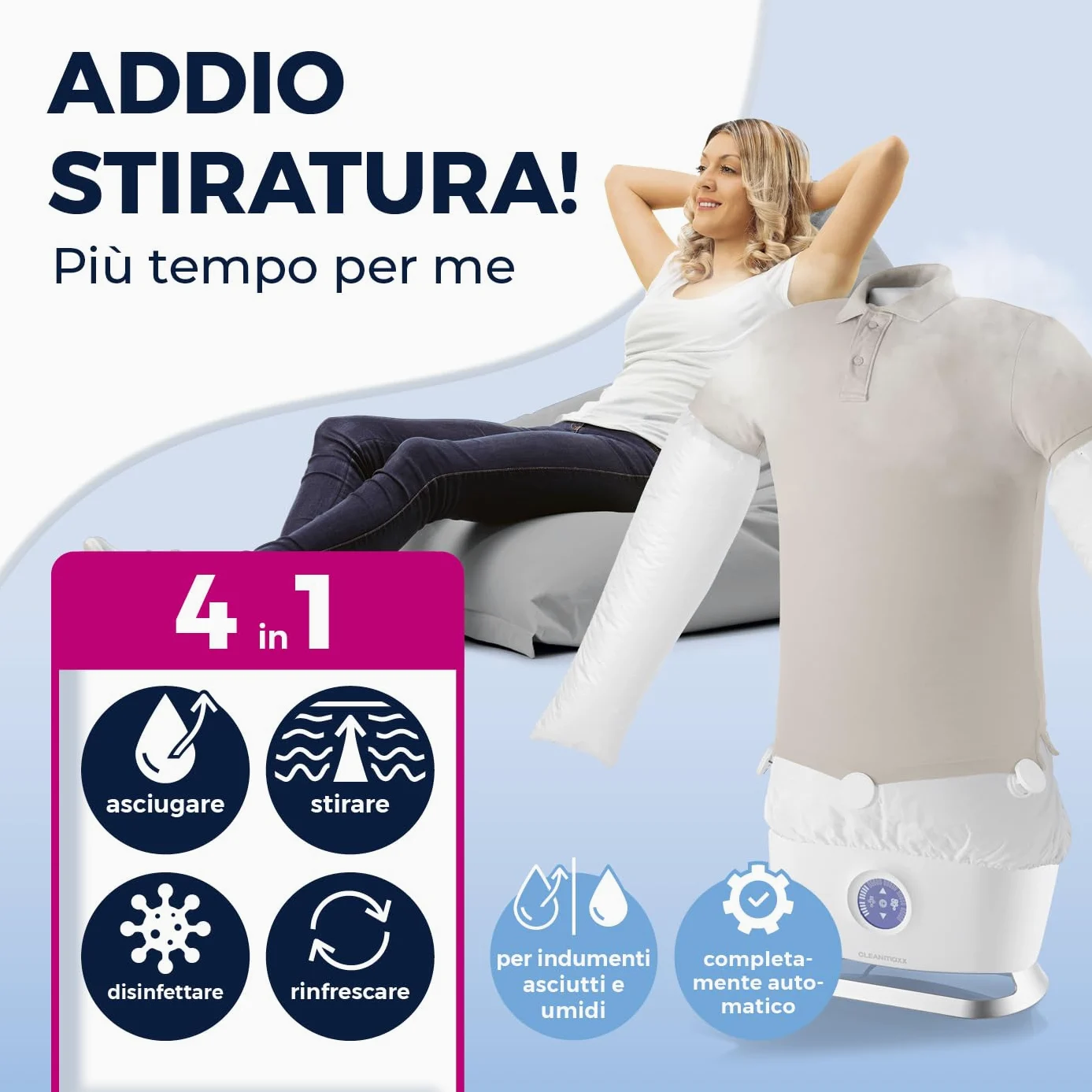 CLEANmaxx Ferro da stiro automatico per camicie PRO STEAM + accessorio per pantaloni | Funzione vapore, display a sfioramento | Per camicie e camicette | Disinfetta, leviga, rinfresca