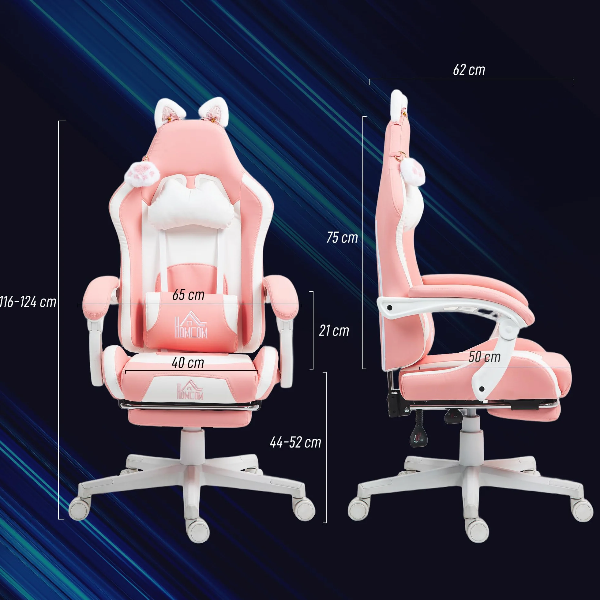 HOMCOM Sedia Gaming Ergonomica con Orecchie da Gatto, Poltrona Gaming Ufficio Reclinabile in Finta Pelle con Poggiapiedi, Poggiatesta e Altezza Regolabile, Supporto Lombare e Cervicale, Rosa