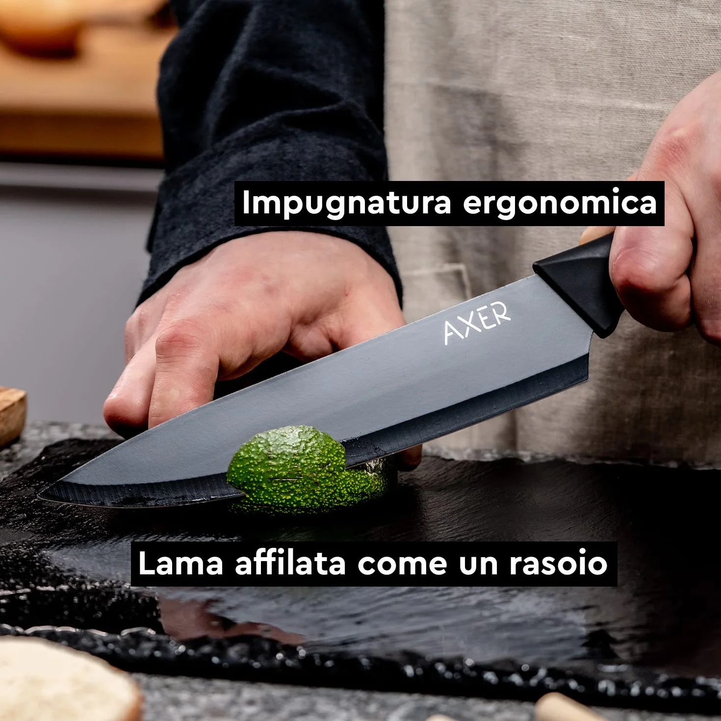 Axer 3 Pezzi Set Coltelli da Cucina Professionali Neri - Chef Knife Inox