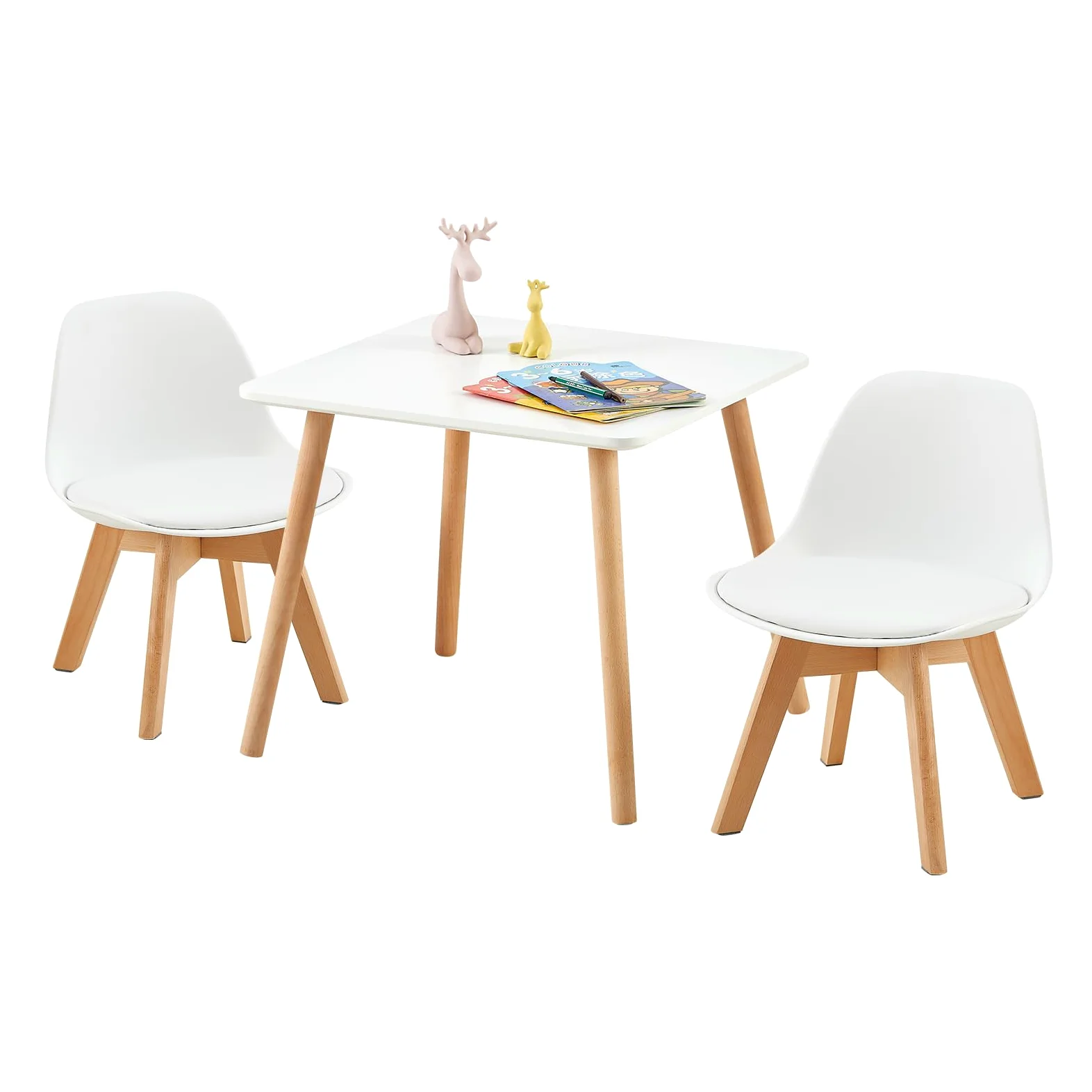 EGGREE Set di 2 Sedie per Bambini con Gambe in Legno, Sedia Piccola in PP+PU con Schienale per Cameretta per Bambini, Sedia da scrivania per Bambini,bianco