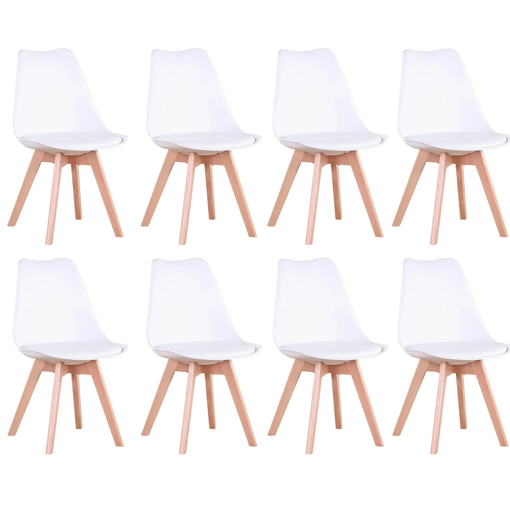Set di 8 Sedie da Pranzo con Seduta Imbottita e Gambe in Legno di Faggio, ideali per Sala da Pranzo, Cucina, Soggiorno, Camera da Letto, Colore: Bianco