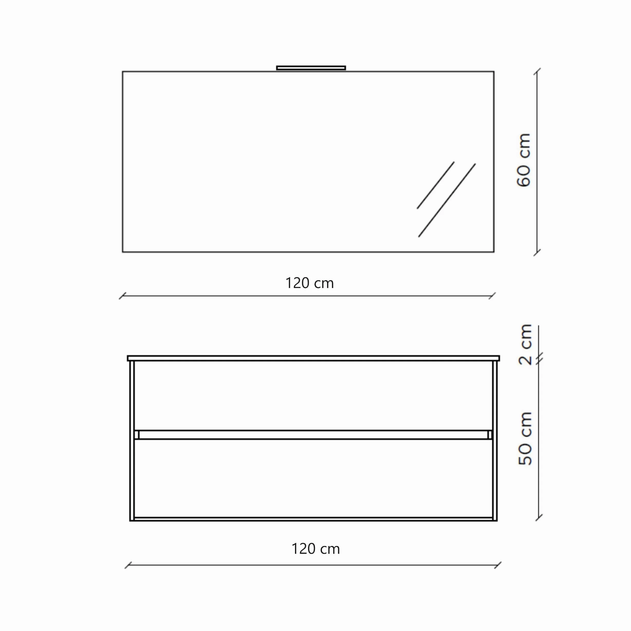 AQA DESIGN accessori casa composizione bagno, nr2 cassetti con scorrimento e chiusura soft close, maniglia a gola in melaminico, nr1 specchio - Bianco - 121x46,5x190 cm