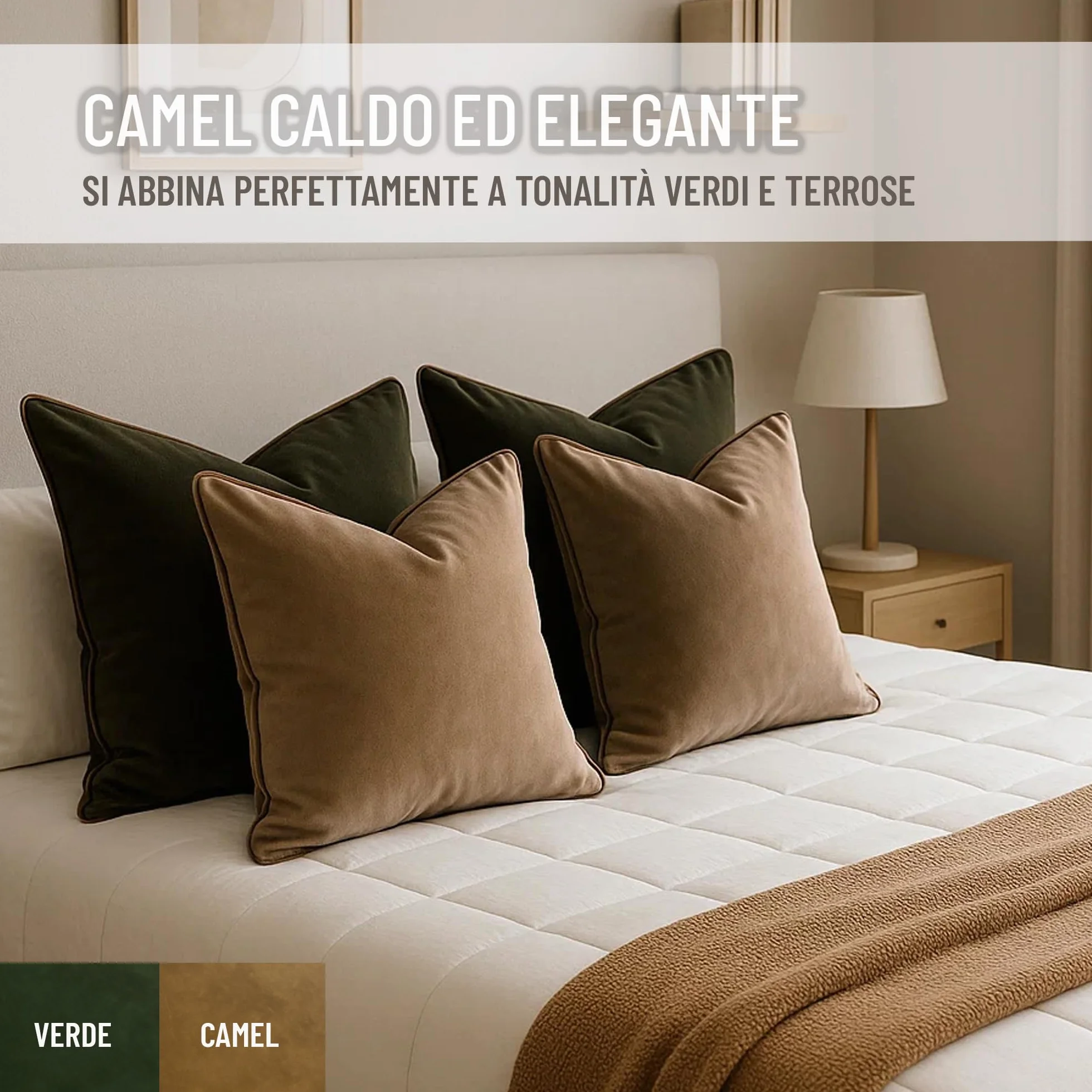 Set di 2 Fodere decorative per Cuscino. Modello OXFORD. Realizzate in velluto extra morbido. Design moderno con bordo a contrasto. Imbottitura non inclusa. (Camel/Marrone, 45x45cm)