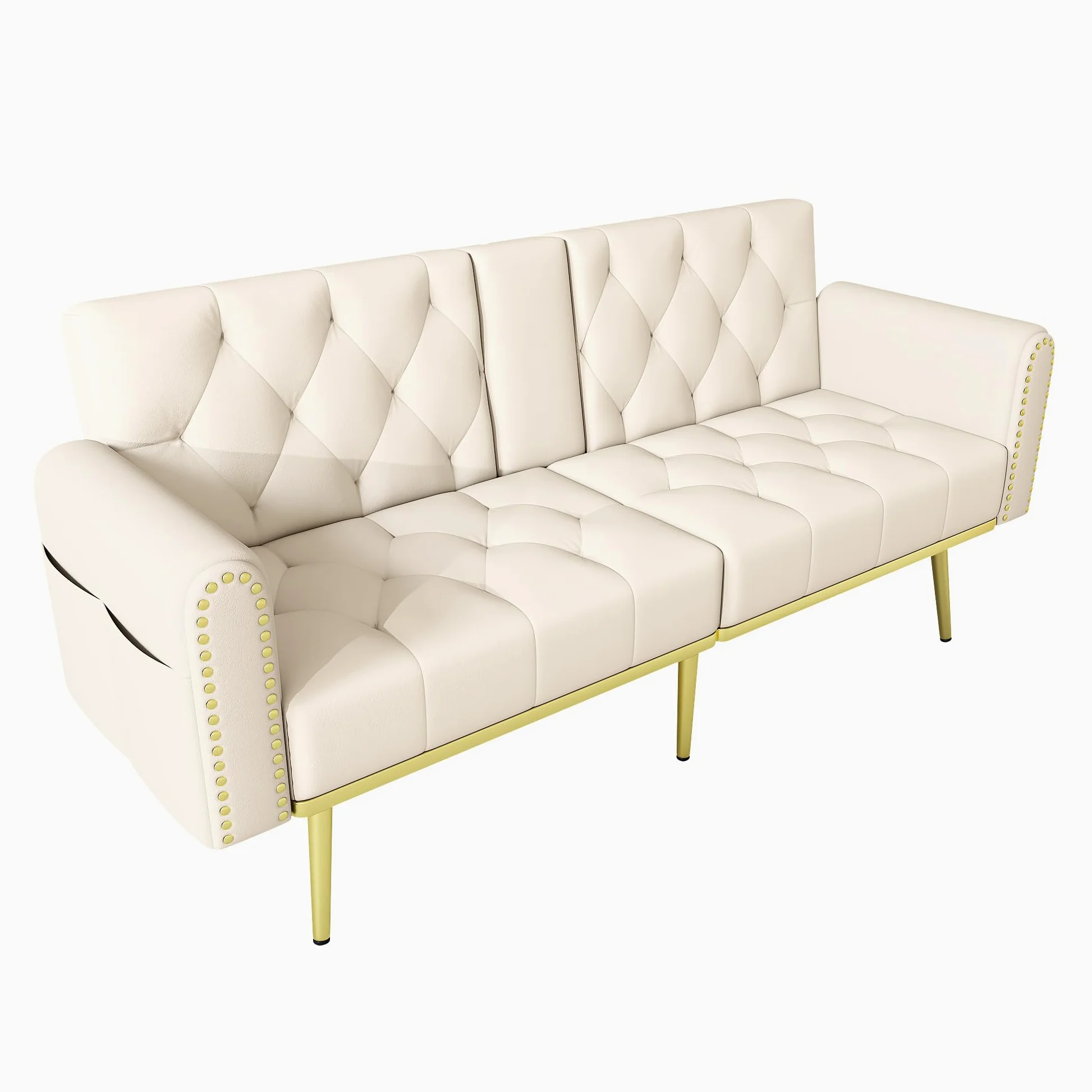 Divano letto doppio pieghevole, beige, 80 x 180 cm, con funzione sdraio, tre angoli di inclinazione regolabili e portabevande, adatto per soggiorno, camera da letto, camera degli ospiti