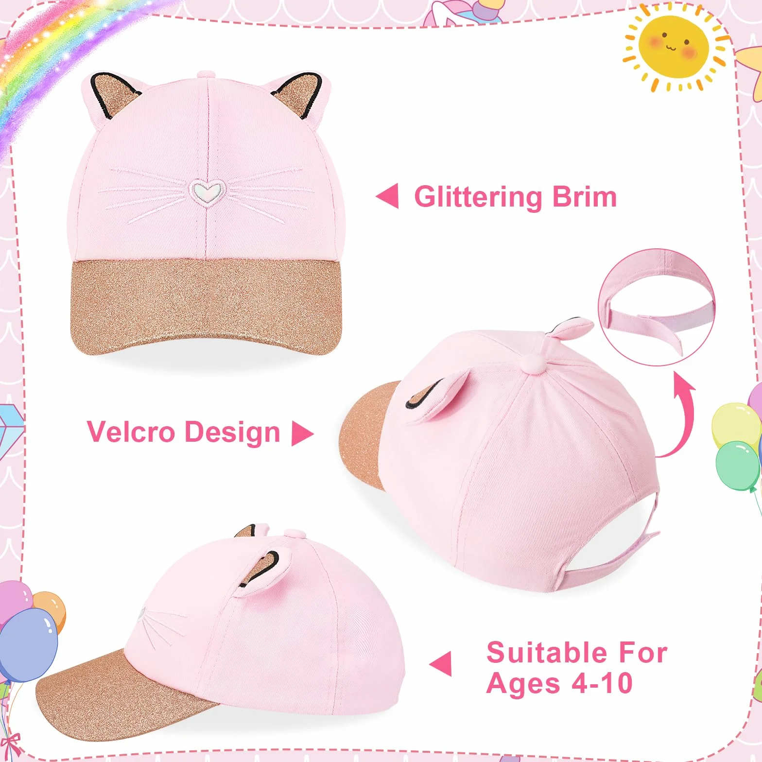 Hifot Cappello da Baseball Bambina Occhiali da Sole Protezione UV Regolabile Visiera Paillettes Berretto Estivo