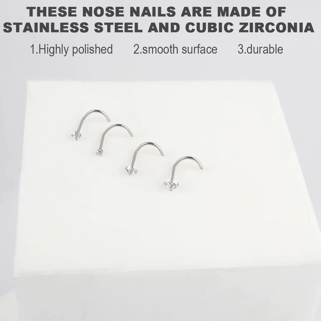 Liuxn 20 Gauge Curvo Naso a Bottone in Acciaio Inox Naso Anelli Zirconia Cubico Piercing Gioielli per Corpo, 8 Pezzi