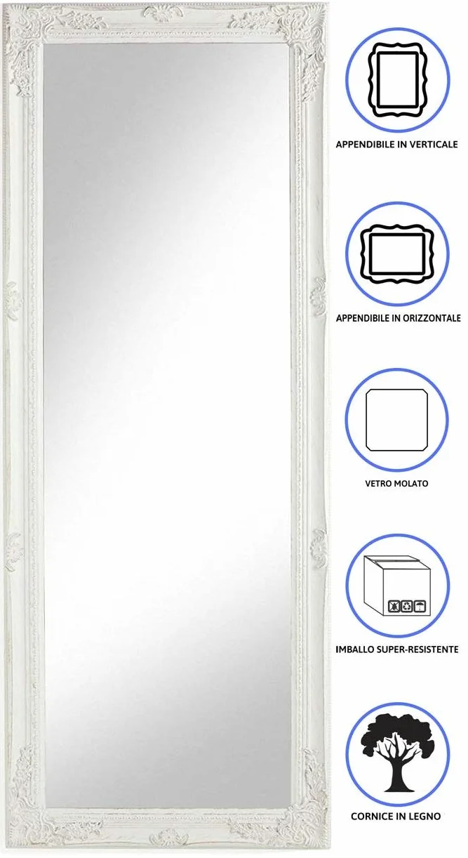 Baroni Home Specchio in Legno Bianco con Cornice Shabby, Specchiera da Parete Rettangolare per camera da letto, bagno o soggiorno, Specchio Shabby Bianco Anticato, 55x142 cm