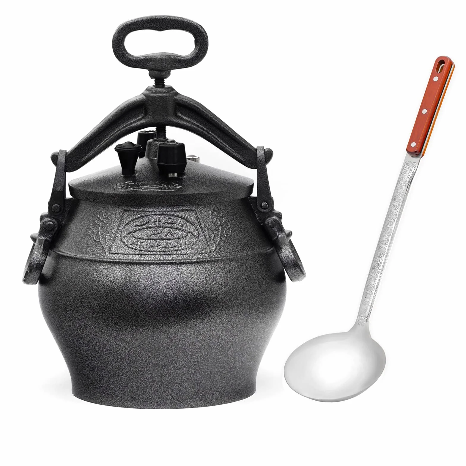 4BIG.fun Kazan orientale 10 L (8,5 L) con mestolo in alluminio Kazan Casseruola per carne casseruola per arrosto stufato asia cucina campo bollitore gulasch decorazione padella per carne
