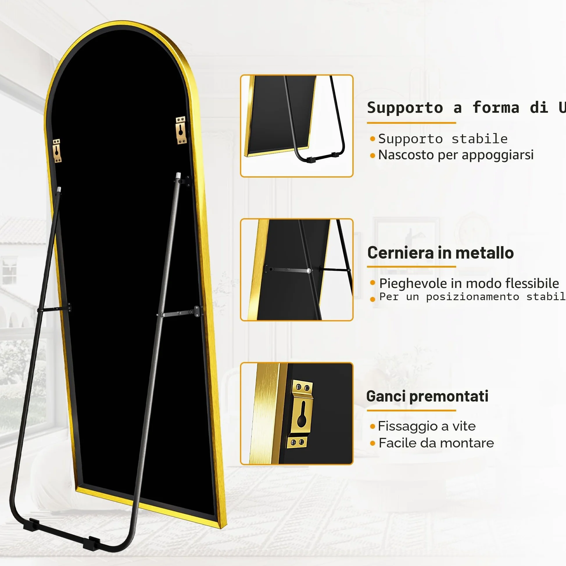 Bogen - Specchio a figura intera, 165 x 60 cm, grande specchio da terra, curvo, da parete, per camera da letto, spogliatoio (oro)
