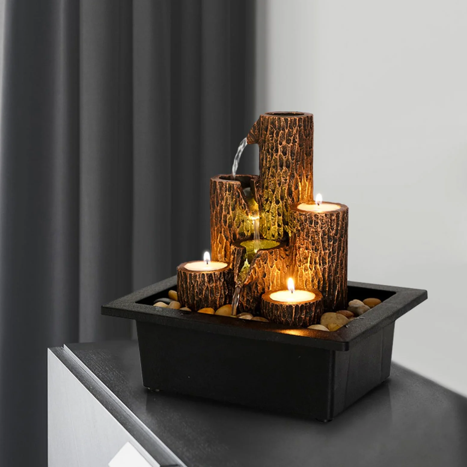 MIXIUJIEN Fontana da tavolo con struttura in legno naturale - Fontana a cascata a 3 livelli for il relax in casa e in ufficio