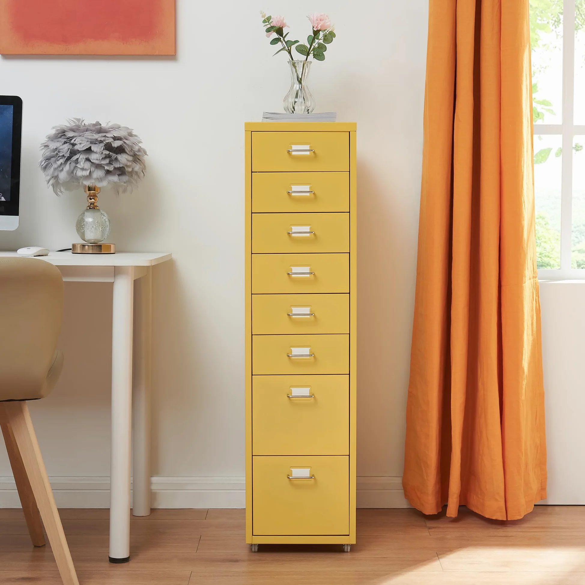 [en.casa] Cassettiera in Acciaio con Rotelle Mobile Archivio Schedario 109 x 28 x 41 cm cm Mobile da Ufficio con 8 Cassetti - Giallo