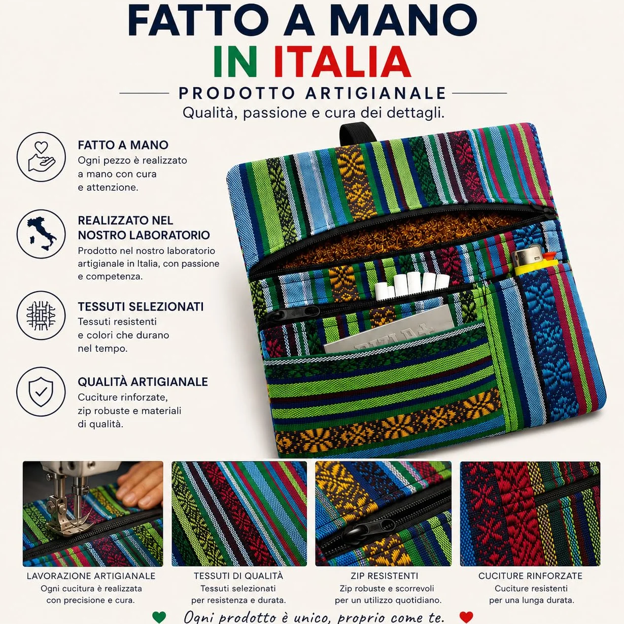 Russo Handmade Portatabacco Artigianale in Tessuto con Doppia Zip, 4 Scomparti, Melangè Blu