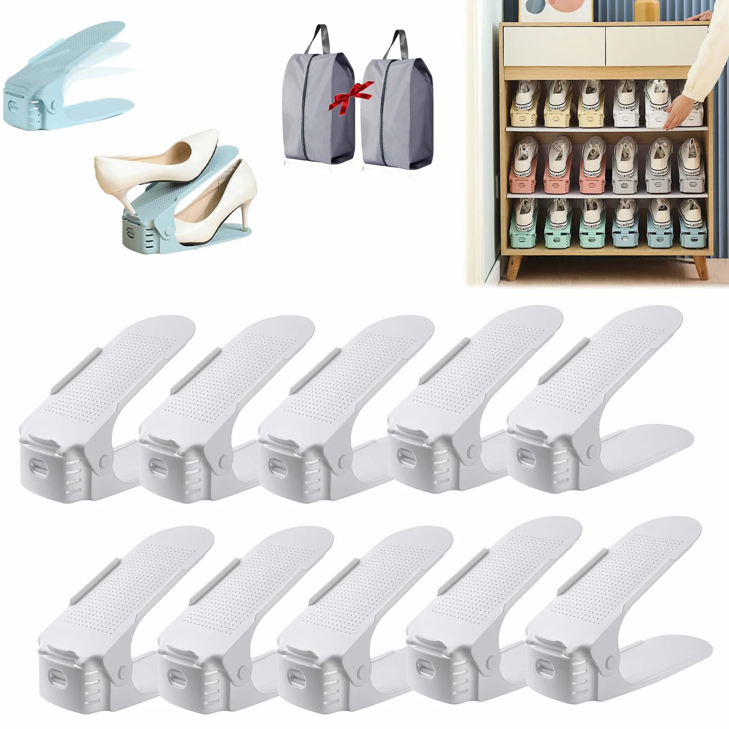 Employerp - Scarpiera autoportante a doppio strato, a doppio strato, regolabile, salvaspazio, organizer per scarpe per armadio (10 pezzi, bianco)