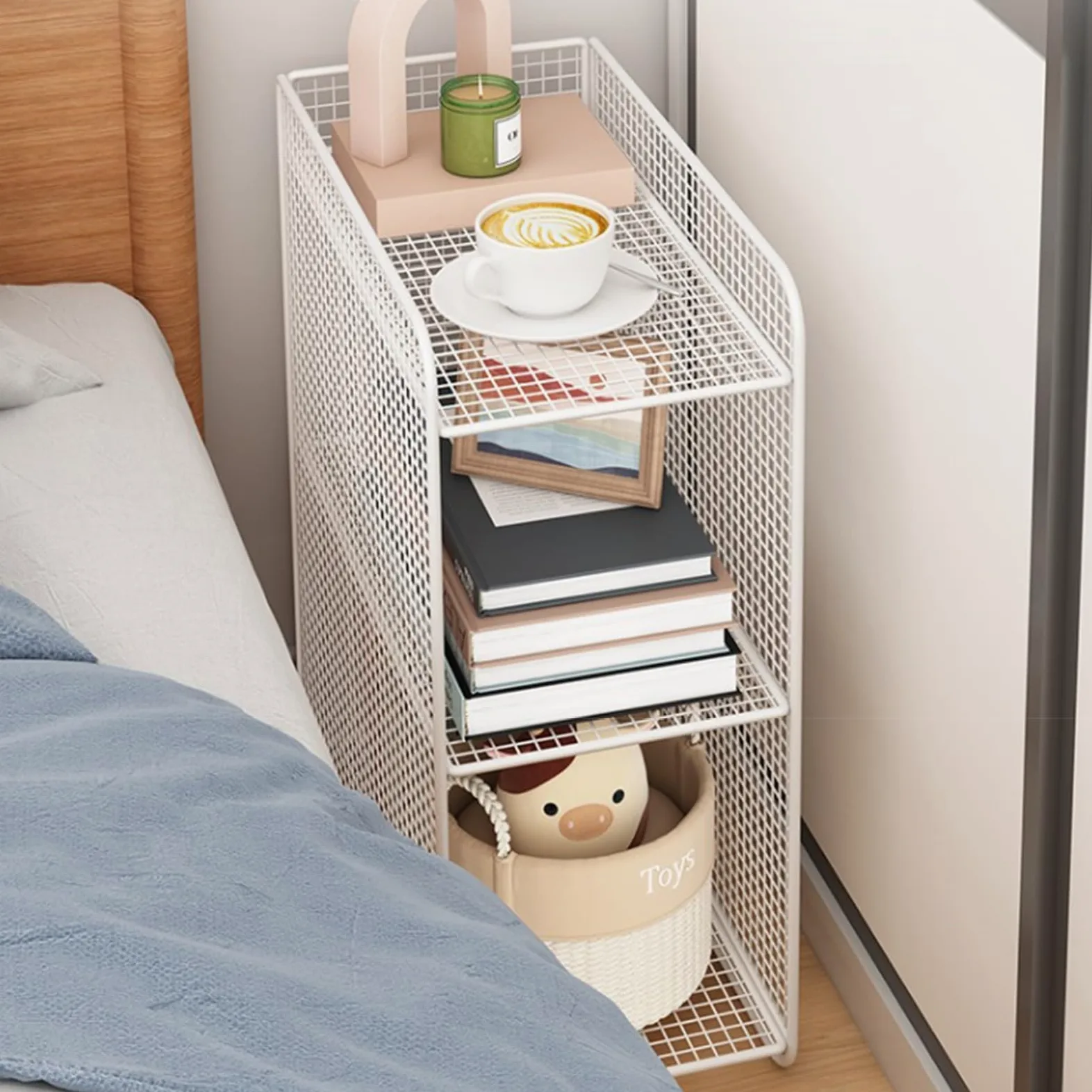 Piccolo comodino, comodino in ferro per camera da letto, tavolino stretto con ripiano portaoggetti, durevole, non richiede montaggio, compatto per piccoli spazi e organizzazione della camera da letto,