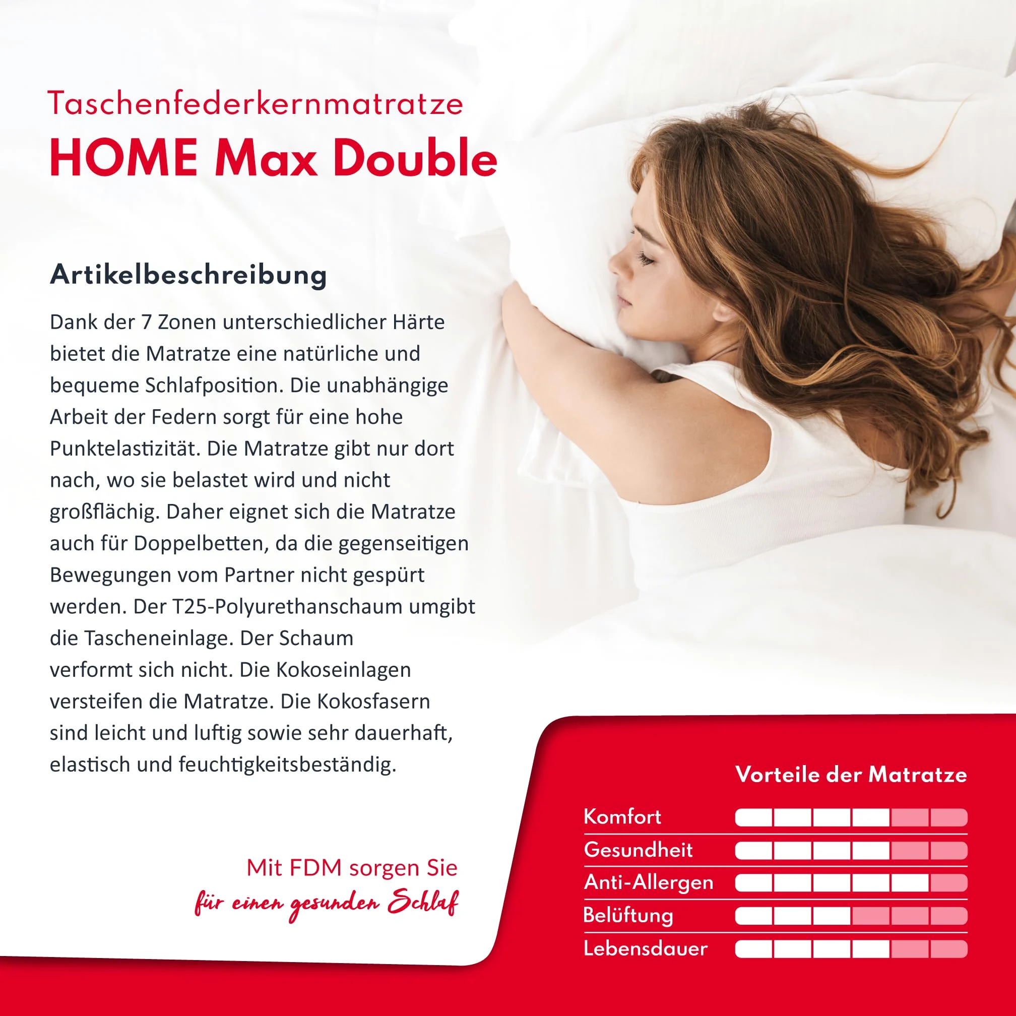 FDM HOME MAX DOUBLE Materasso una Piazza e Mezza 120x200 cm Alto 26 cm Materasso a Molle Insacchettate Grado di Rigidità H3 H5 Due Lati 7 Zone di Comfort Strato di Cocò OEKO-TEX Anallergic