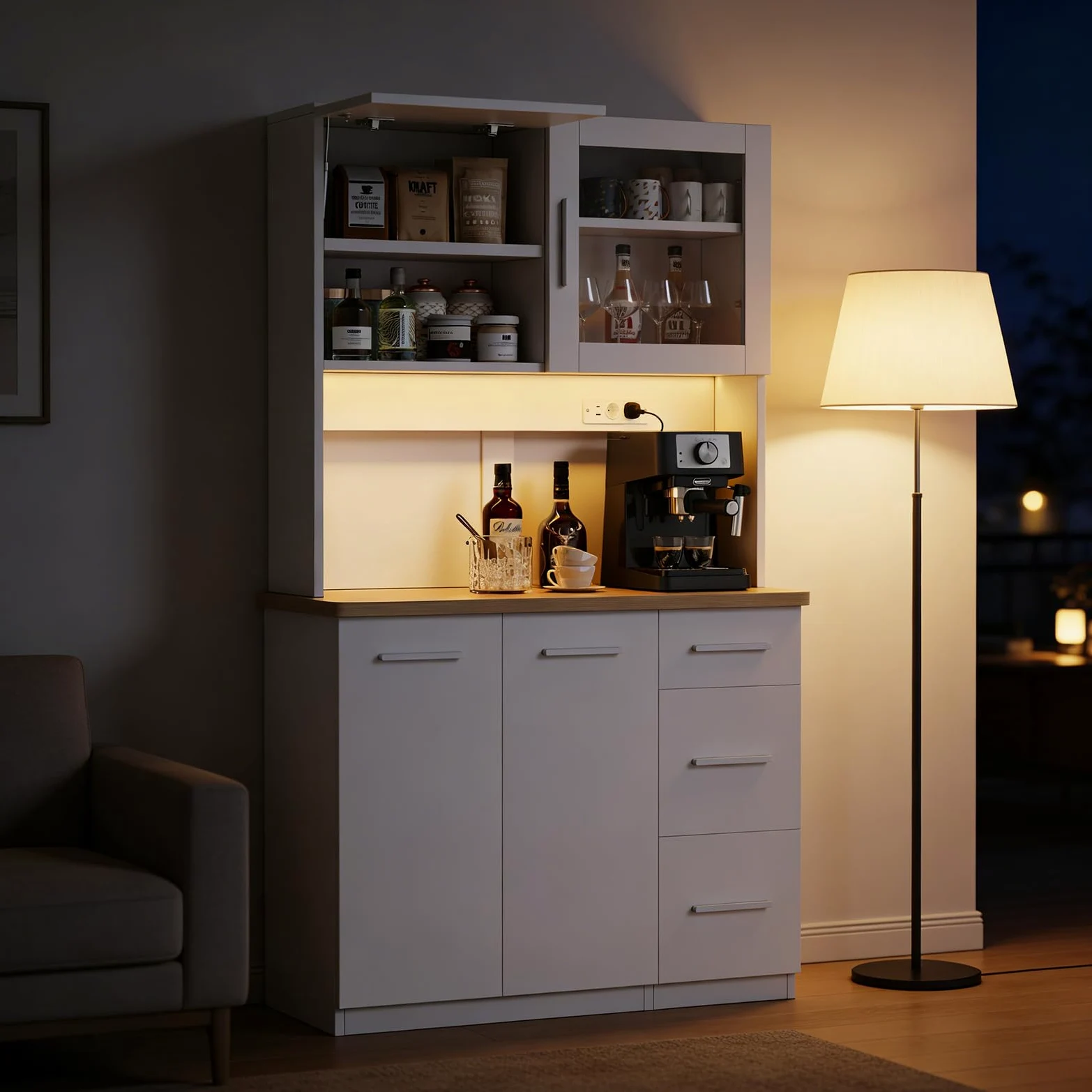 Devoko Mobile da cucina, credenza, armadio alto con prese di corrente e strisce LED 3000 K, con piano di lavoro da 24 mm, ripiani regolabili, 3 cassetti, 100 x 40 x 182 cm (Bianco)