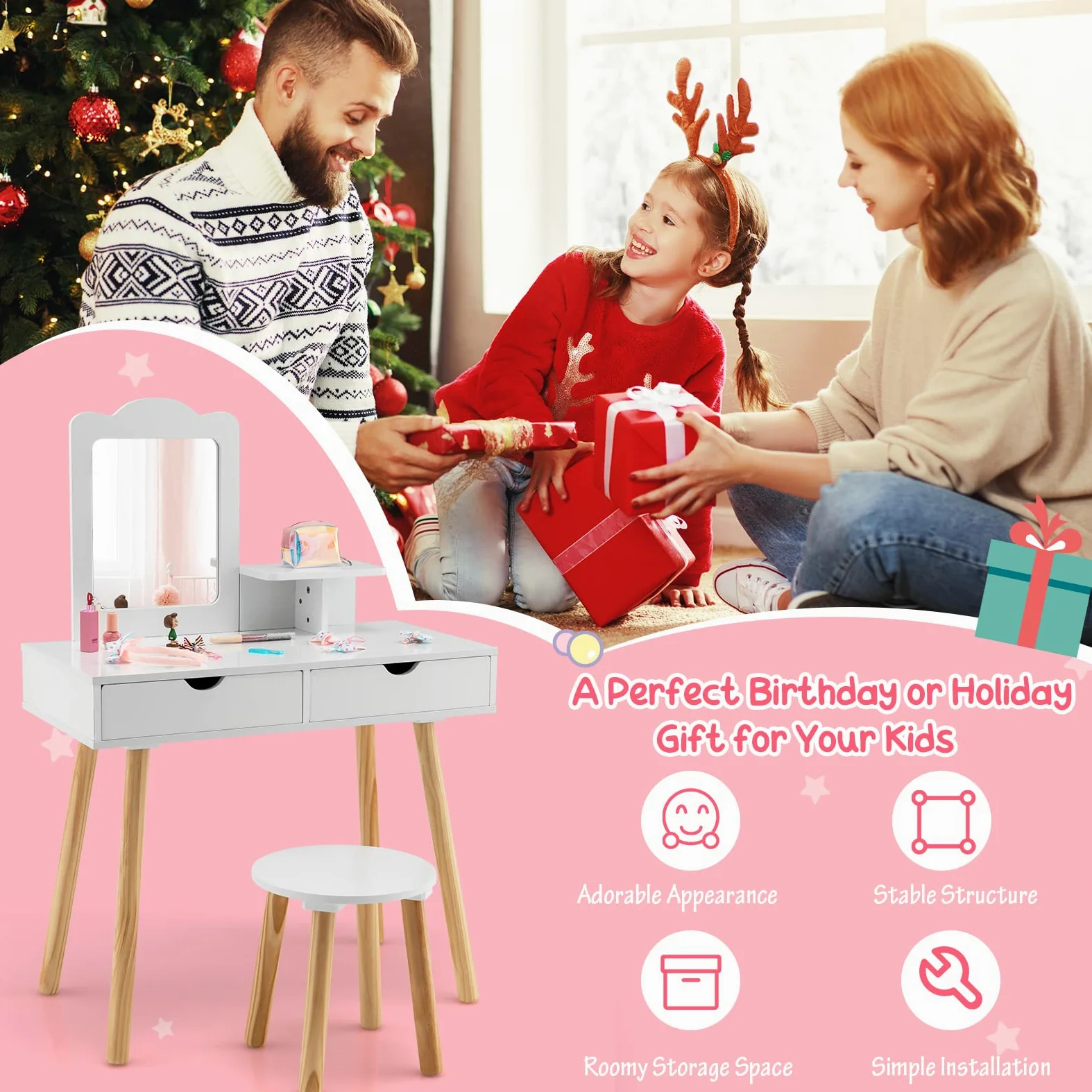 RELAX4LIFE 2 in 1 Toeletta Trucco Bambina con Sgabello, Specchio Staccabile, Set da Trucco con 2 Cassetti, Postazione Trucco per Bambini, 70 x 37 x 100 cm (Bianco)