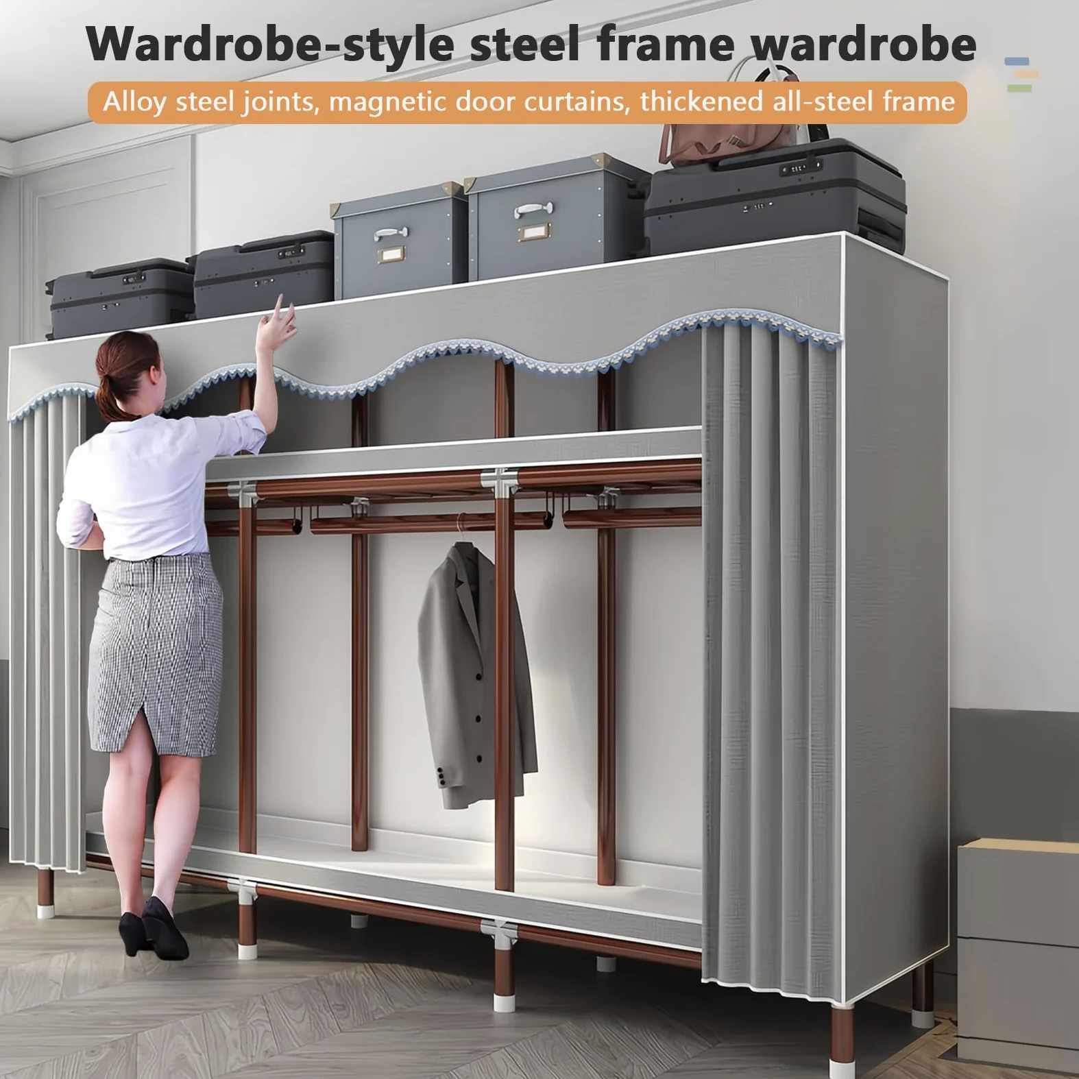 Armadio in Tessuto, Armadio Salvaspazio Guardaroba, Armadio Portatile Grigio, Armadio Guardaroba per Camera da Letto, Tubo in Acciaio per Elettroforesi Verniciato da 25 mm, 200 x 46 x 170 cm
