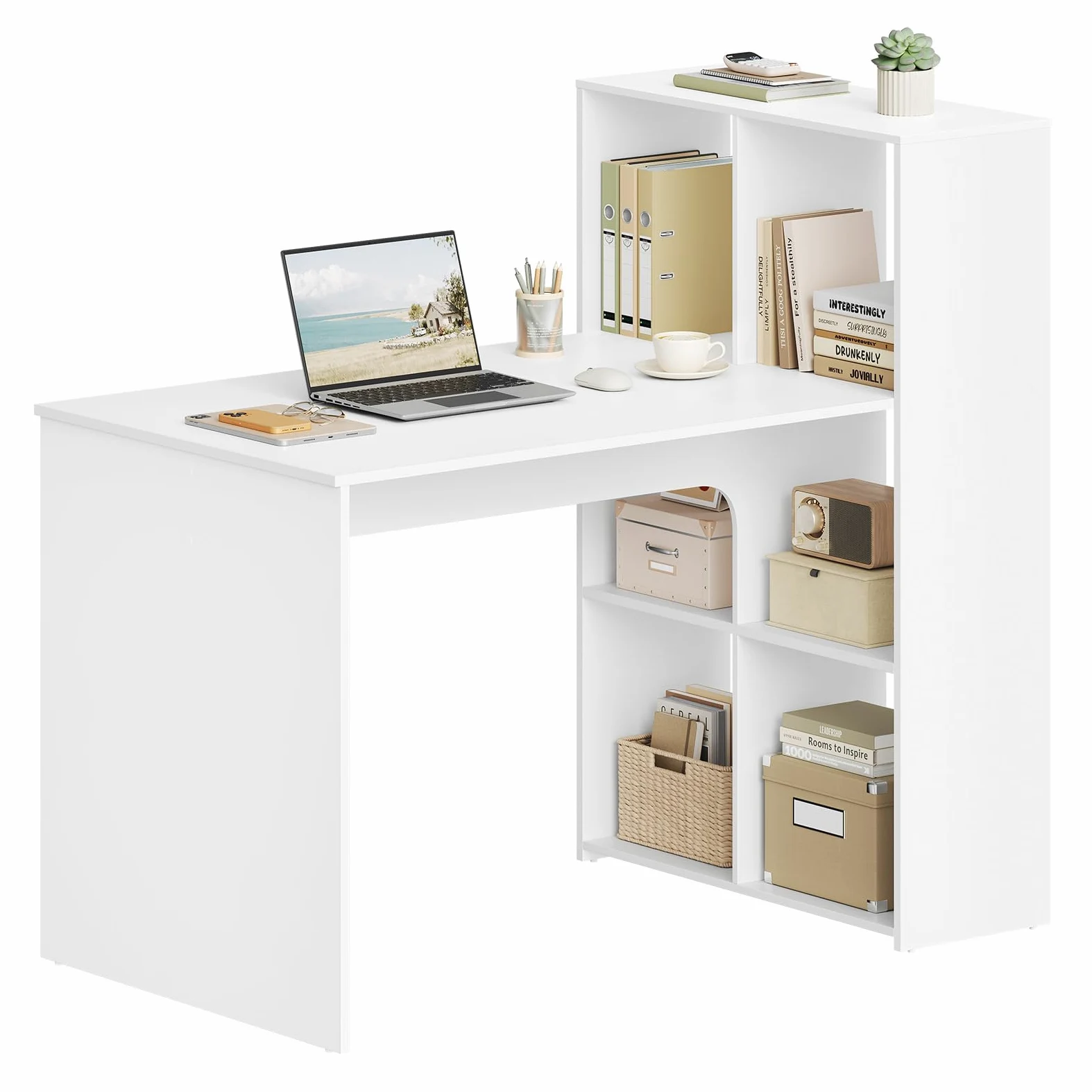 eSituro Scrivania con Libreria a 3 Ripiani, 120 x 63 x 111 cm, Bianca | 6 Scomparti Aperti, Design Salvaspazio, per Studio e Camera da Letto