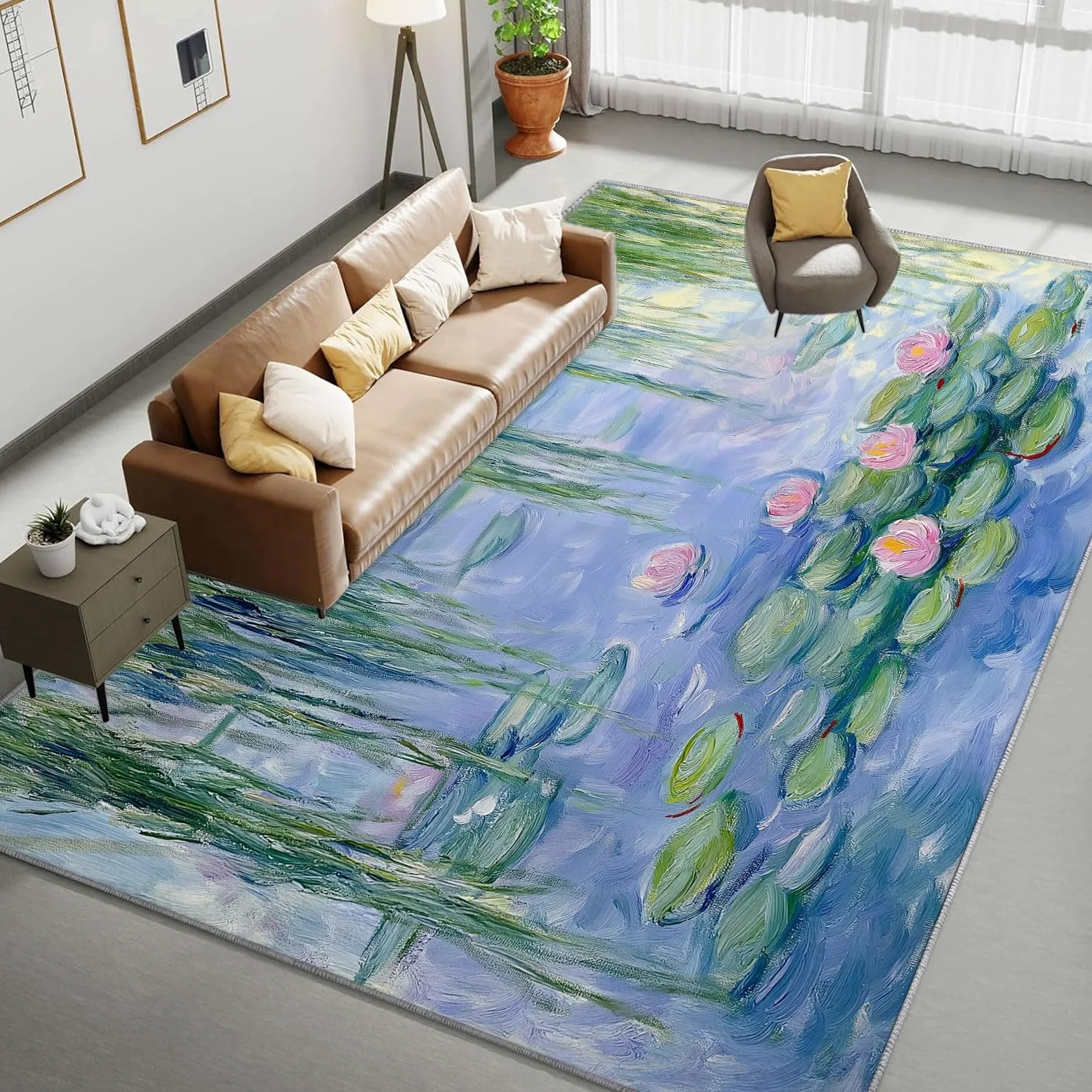 Tappeto verde per laghetto con ninfee, 160 x 230 cm, a pelo corto, moderno, per soggiorno e camera da letto, con retro antiscivolo resistente, lavabile in lavatrice, per l'arredamento della casa.