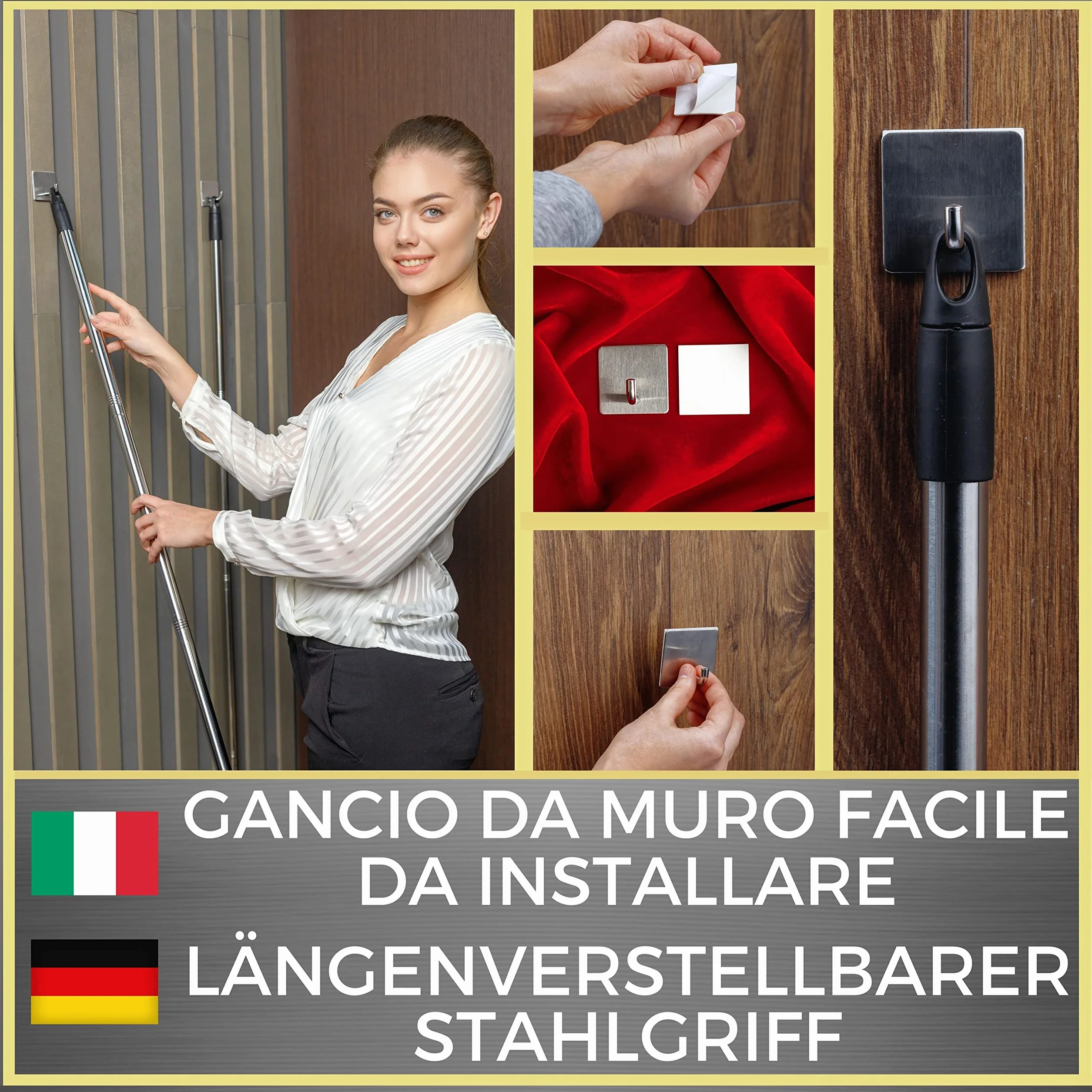 Kit Scopa in Silicone per Pavimenti con 2 Manici e 2 Appendi Scope