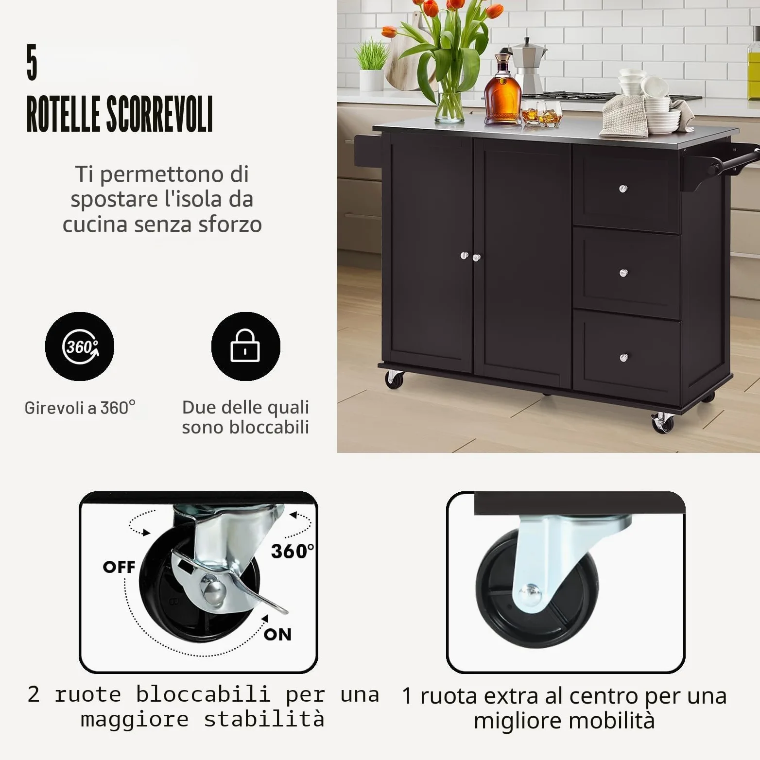 KOMFOTTEU Isola da Cucina Mobile con Piano di Lavoro in Acciaio Inox, Carrello da Cucina con 3 Cassetti & Porta Asciugamani & Ripiano Regolabile, Armadio da Cucina su Ruote, Carrello da Cucina 135 x