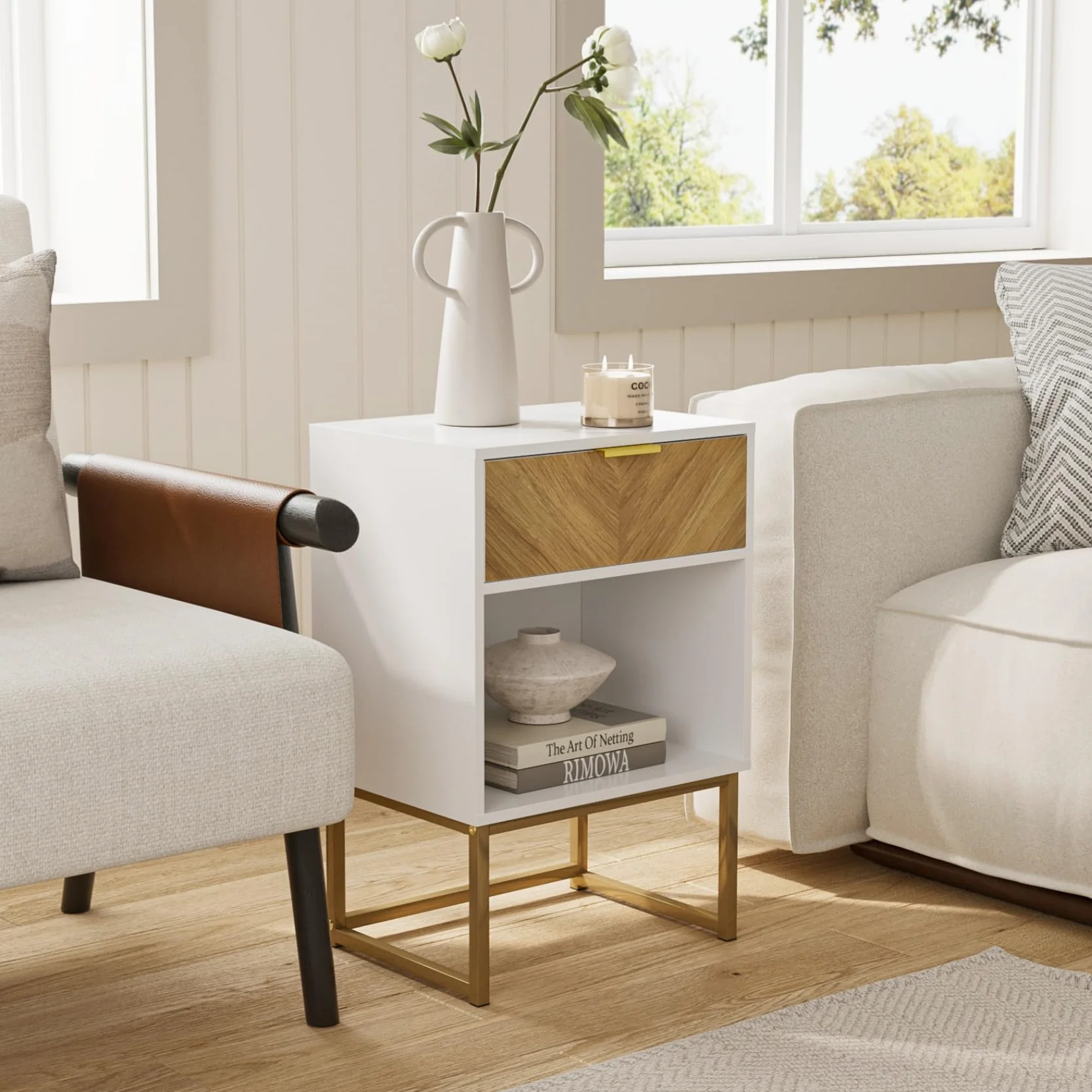 HEYZOEY Comodino moderno, bianco, 40,00 x 30,00 x 60,00 cm, con cassetto in rovere, per soggiorno, camera da letto, ufficio