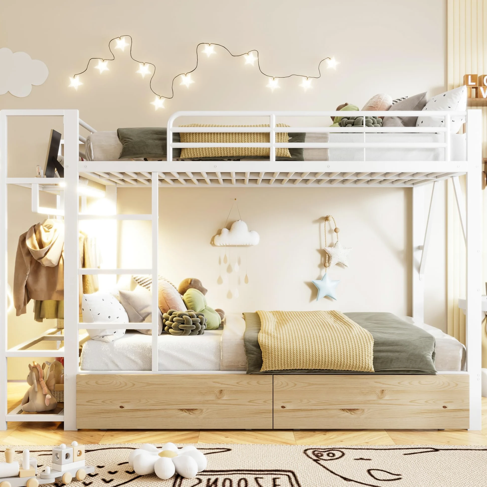 Letto a soppalco 140x200cm con striscia luminosa a LED e appendiabiti,metallo letto a castello con 2 cassetti e ripiani multipli,ferro letto matrimoniale,letti per ado,senza materasso,Bianco