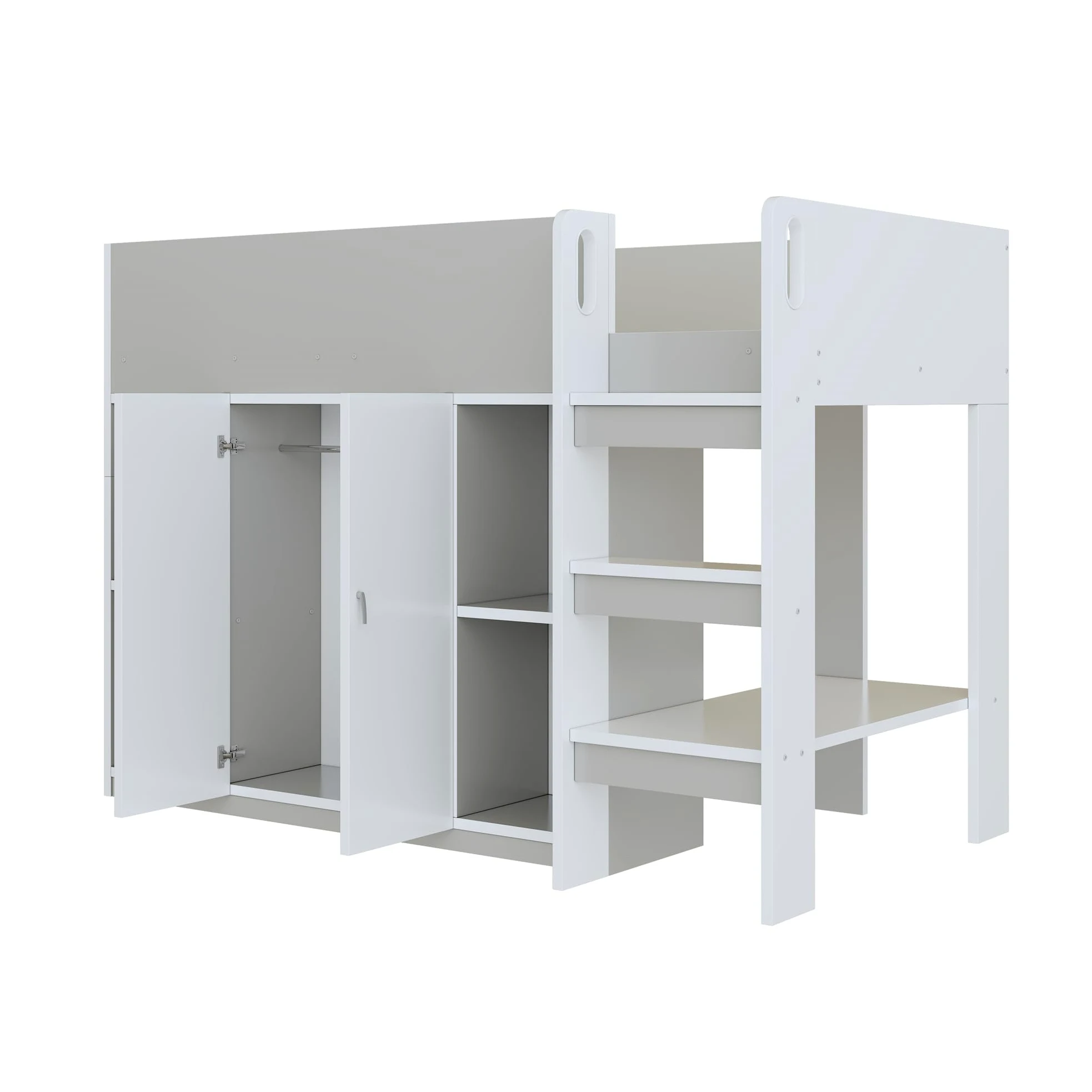 Azkoeesy Letto a Soppalco Singolo con Armadio, 90x200 cm, Spazio di Archiviazione, Scale, Ringhiera e Doghe, per Adolescenti e Adulti, in Truciolame, Grigio