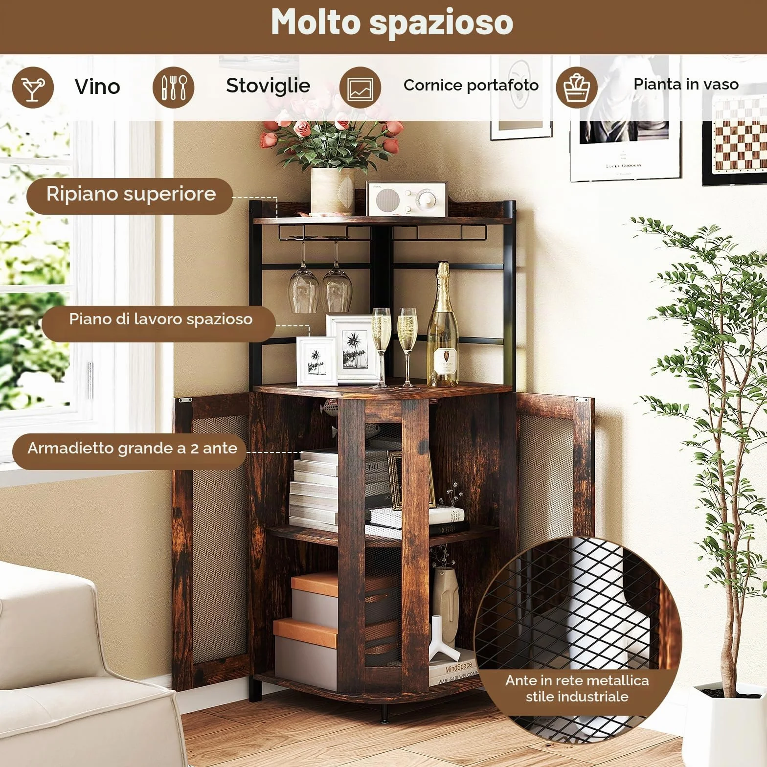 GIANTEX Armadietto Angolare Industriale Da Bar Con Supporto In Vetro, Armadietto Da Vino Con Ripiano Regolabile, Portabottiglie Vino Da Cucina Con Protezione, 130x47,5x47,5 cm (Marrone)