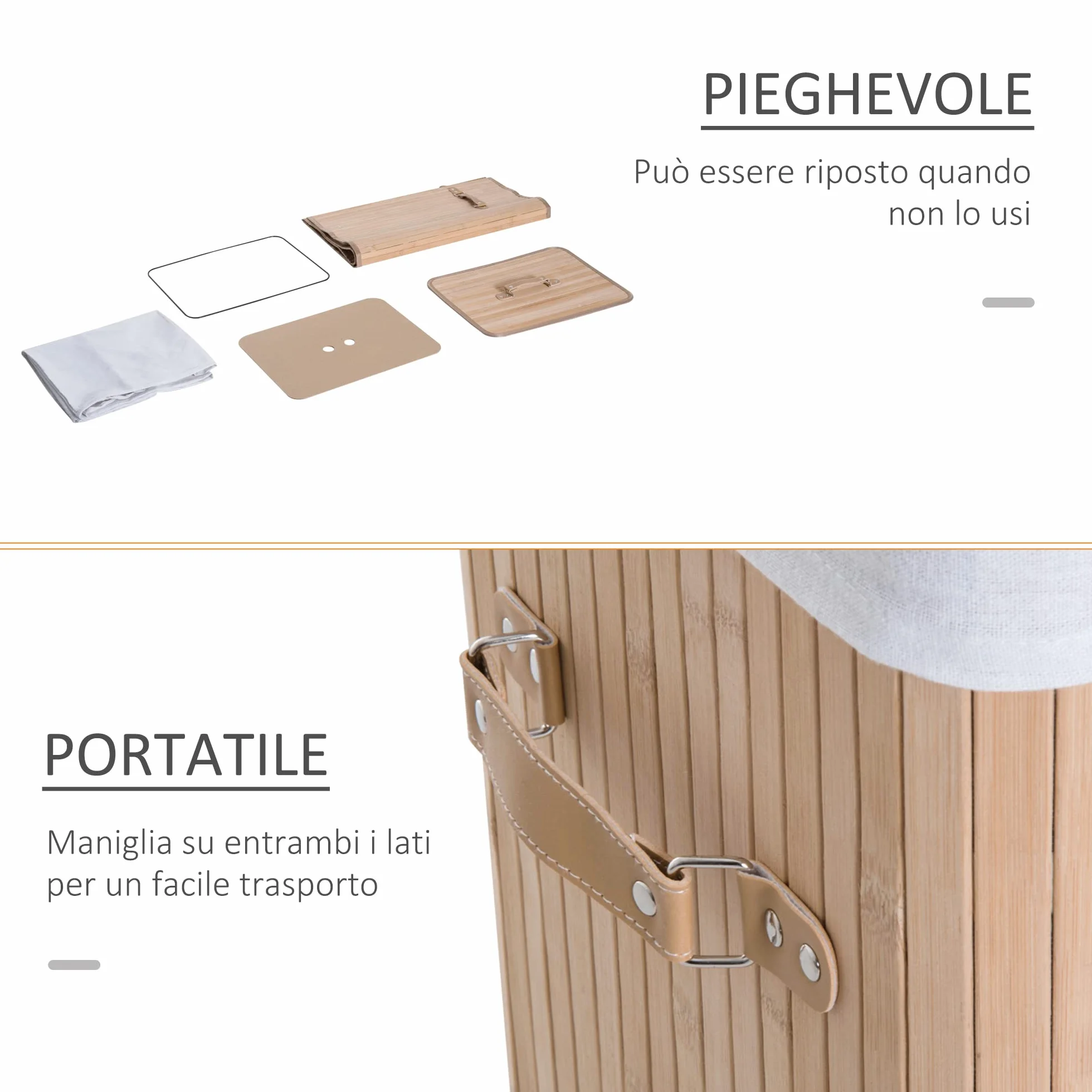 HOMCOM Cesto Portabiancheria in Bambù con Coperchio, Cestino per Biancheria con Sacco in Tessuto Rimovibile, 40x30x60cm, Naturale