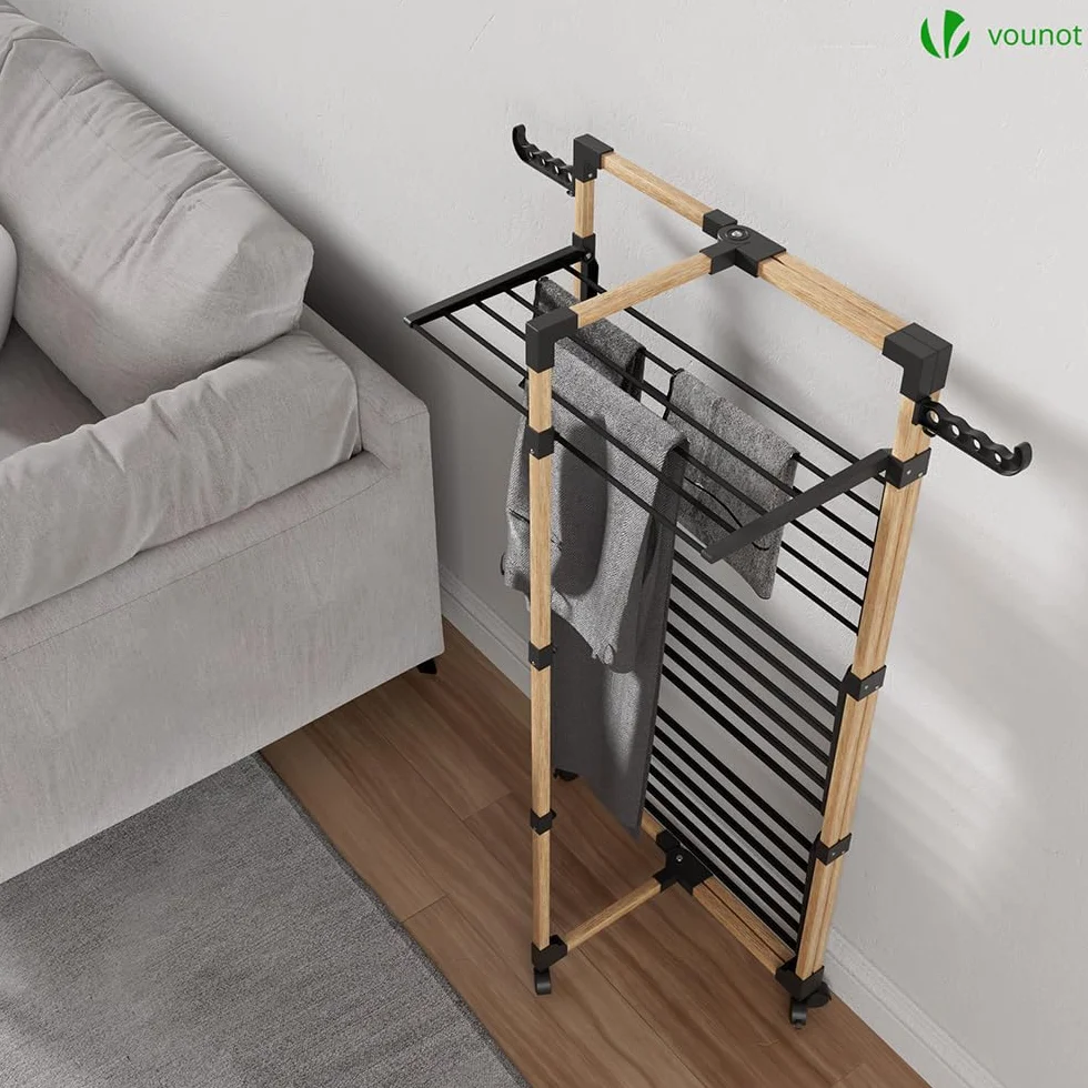 VOUNOT® Stendibiancheria Verticale a Torre 3 Livelli, Modular 3 Stendino Salvaspazio con 4 Ruote per Interni o Esterni, Nero