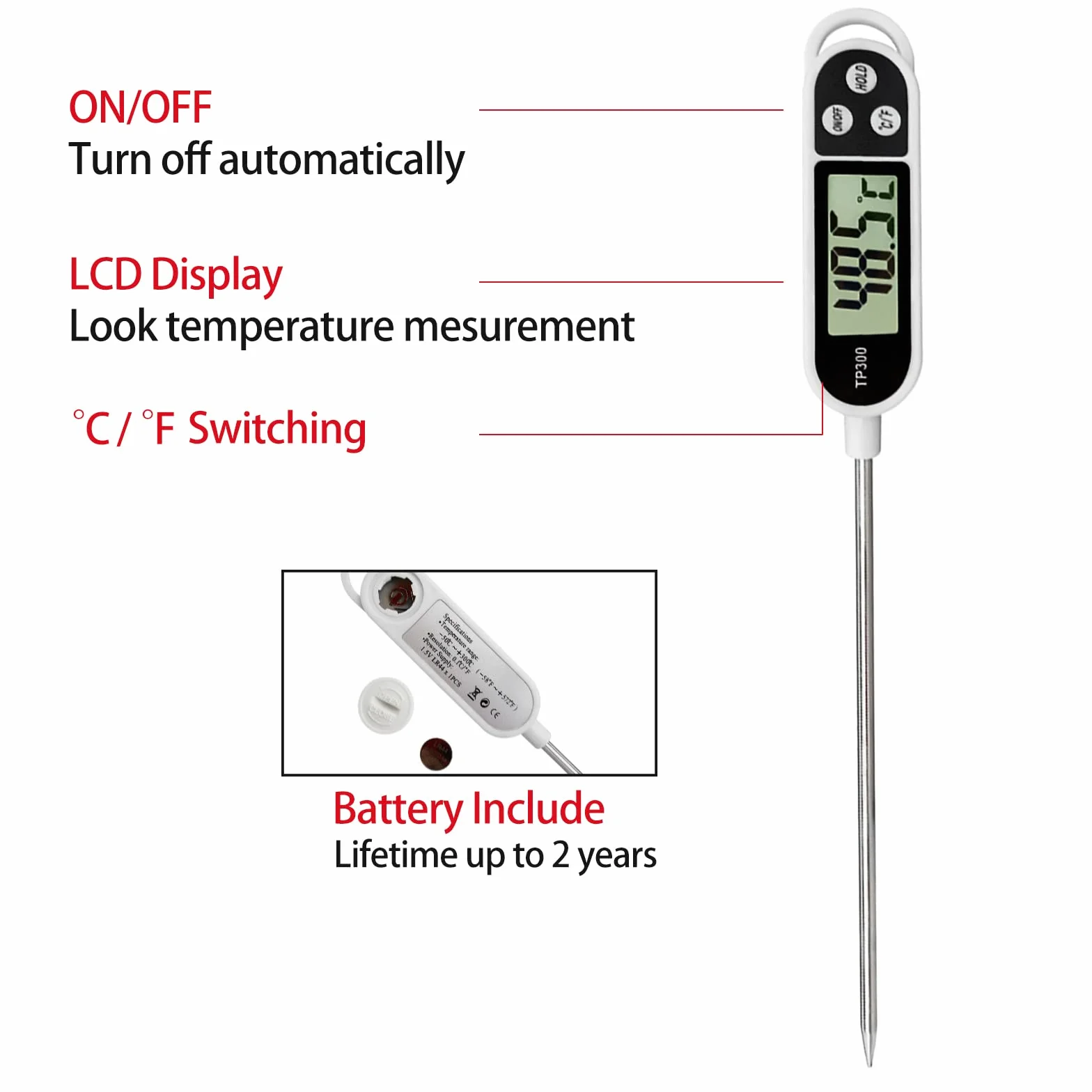 Termometro Alimentare LCD con Sonda Lunga per Cucina e Barbecue, Calibrazione Digitale (Bianco)