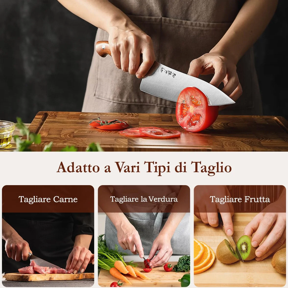 Coltelli da Chef HEZHEN 21cm Acciaio German DIN1.4116 Full Tang Manico Redwood