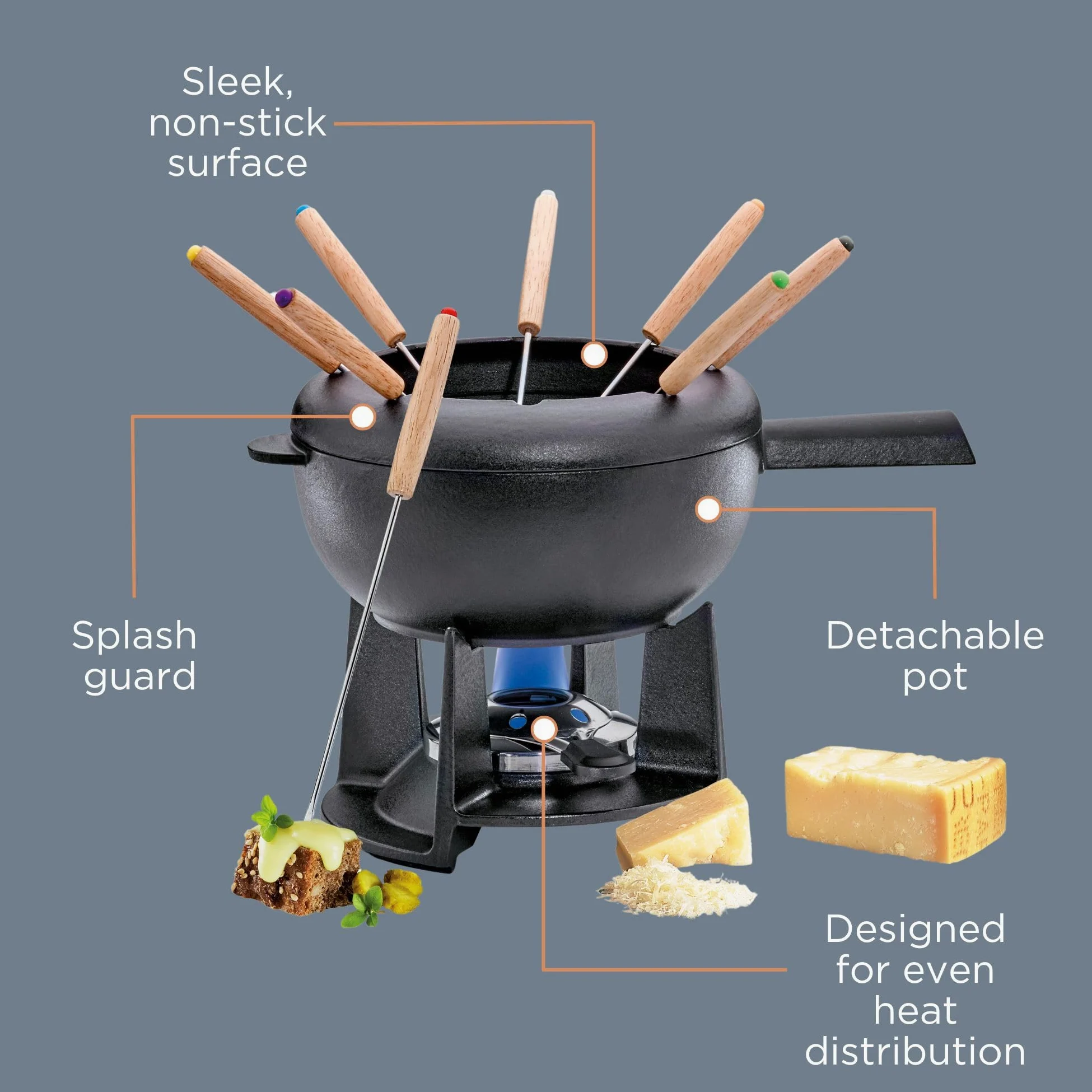 Spring Set per fonduta in ghisa, nero, Ø 20 cm, con 8 forchette per fonduta e paraspruzzi | per fonduta di formaggio, fonduta di carne, bruciatore Rechaud