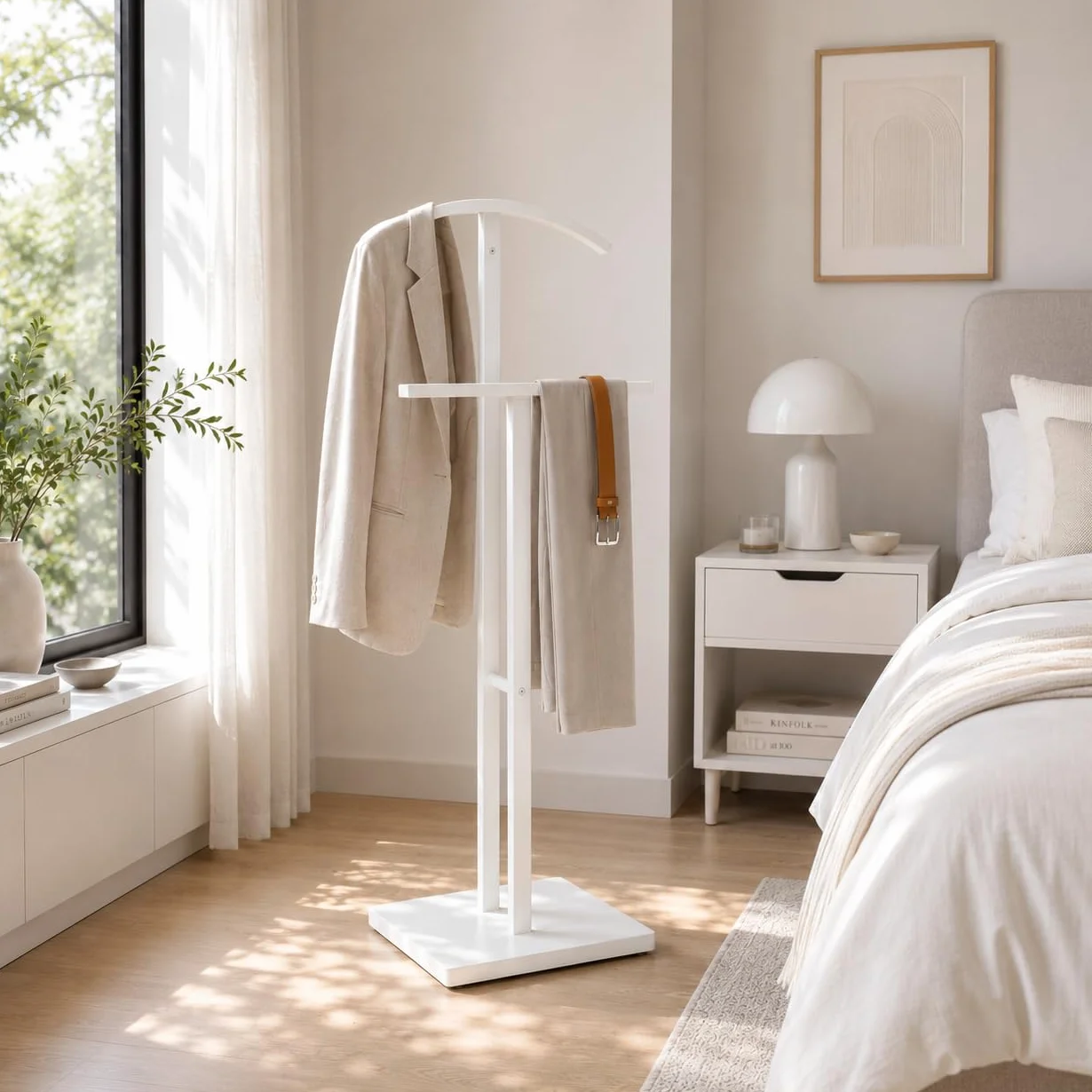 Servo Muto Mod. ADAK - Colore Bianco Opaco - Con Appendiabiti Superiore e Barra per Pantaloni - 52 x 18 x 100 cm - Acciaio con Base in Cemento - Appendiabiti per Camera da Letto